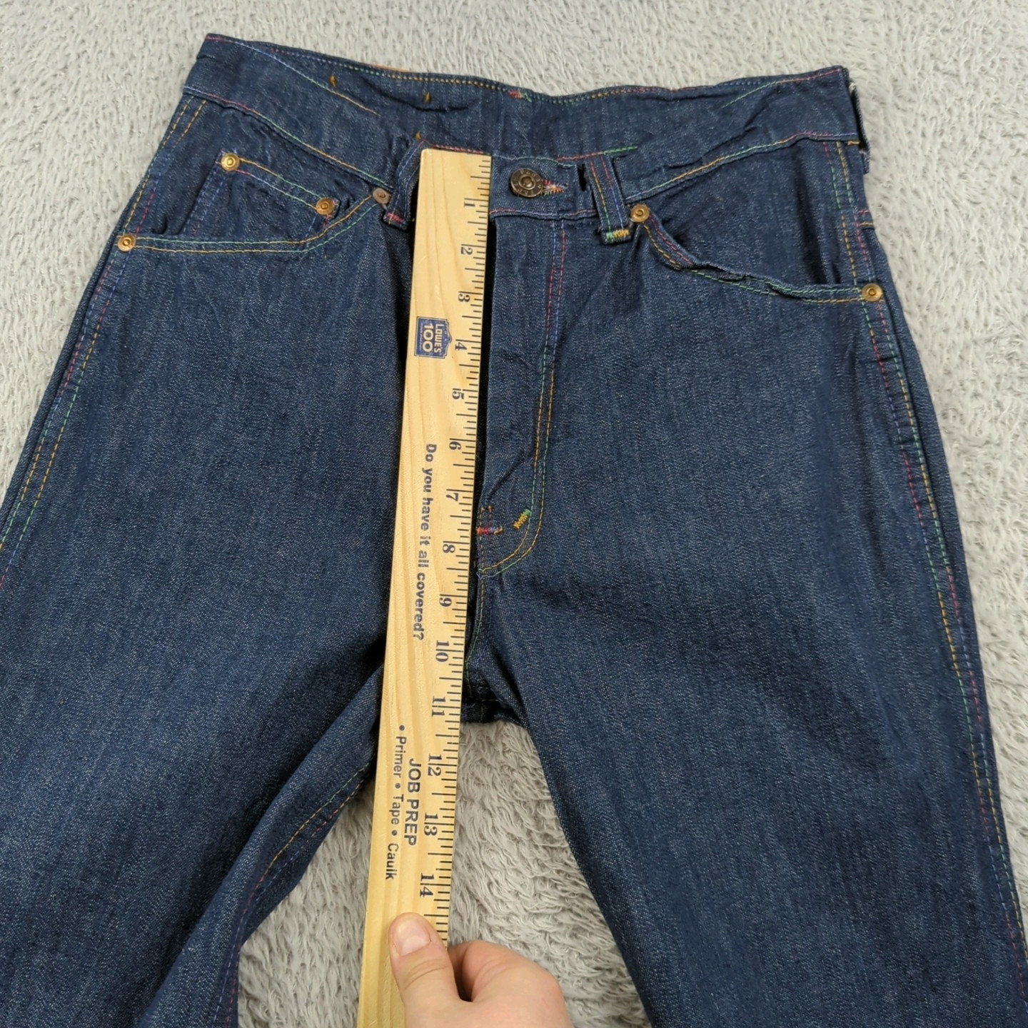 Vintage 1970s Farah Jeans Womens 31 XL Blue Flare Bell Bottoms Rainbow Stitch