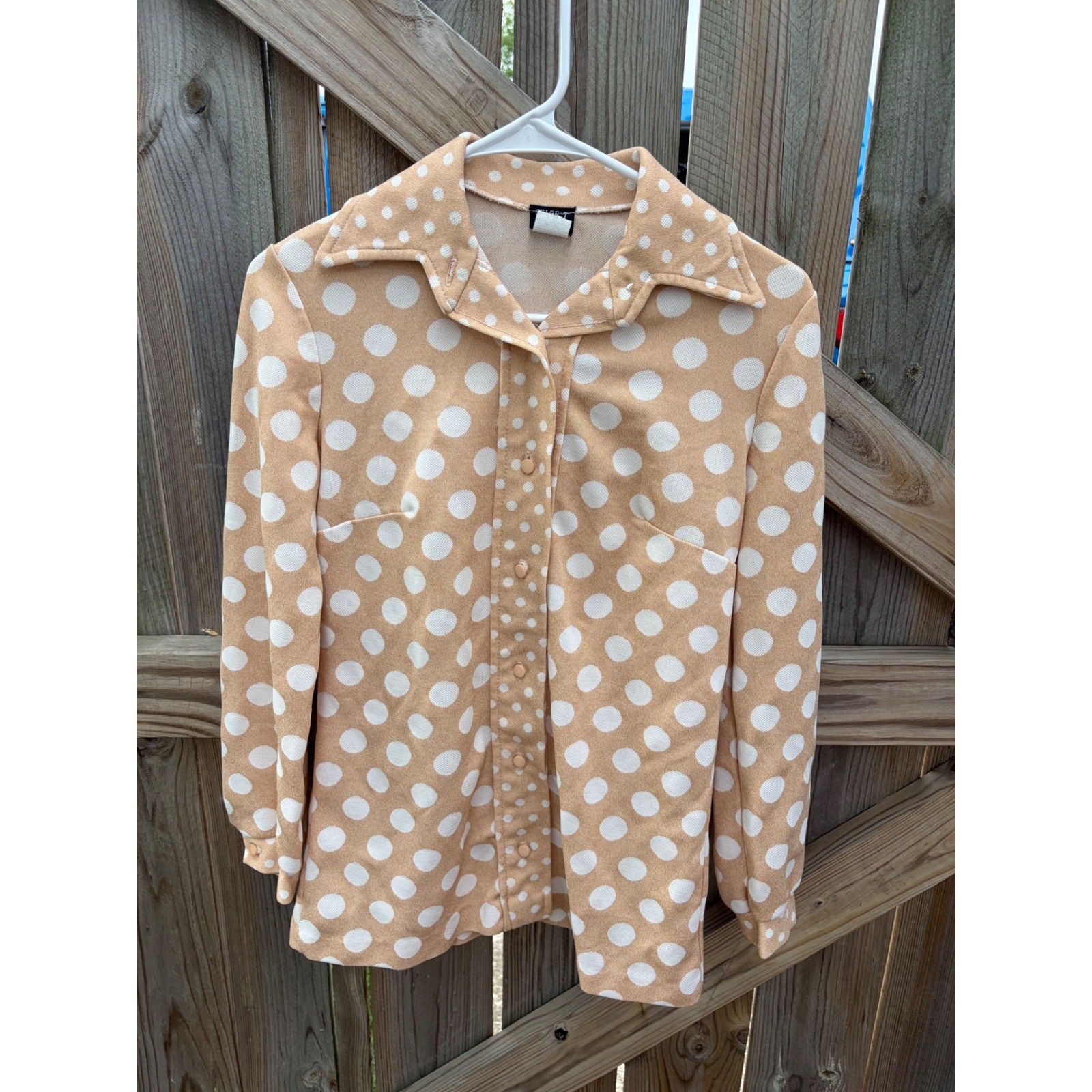 Stage 7 Vintage 70s Polka Dot Blouse Tan White Dagger Collar Retro Top Size 8