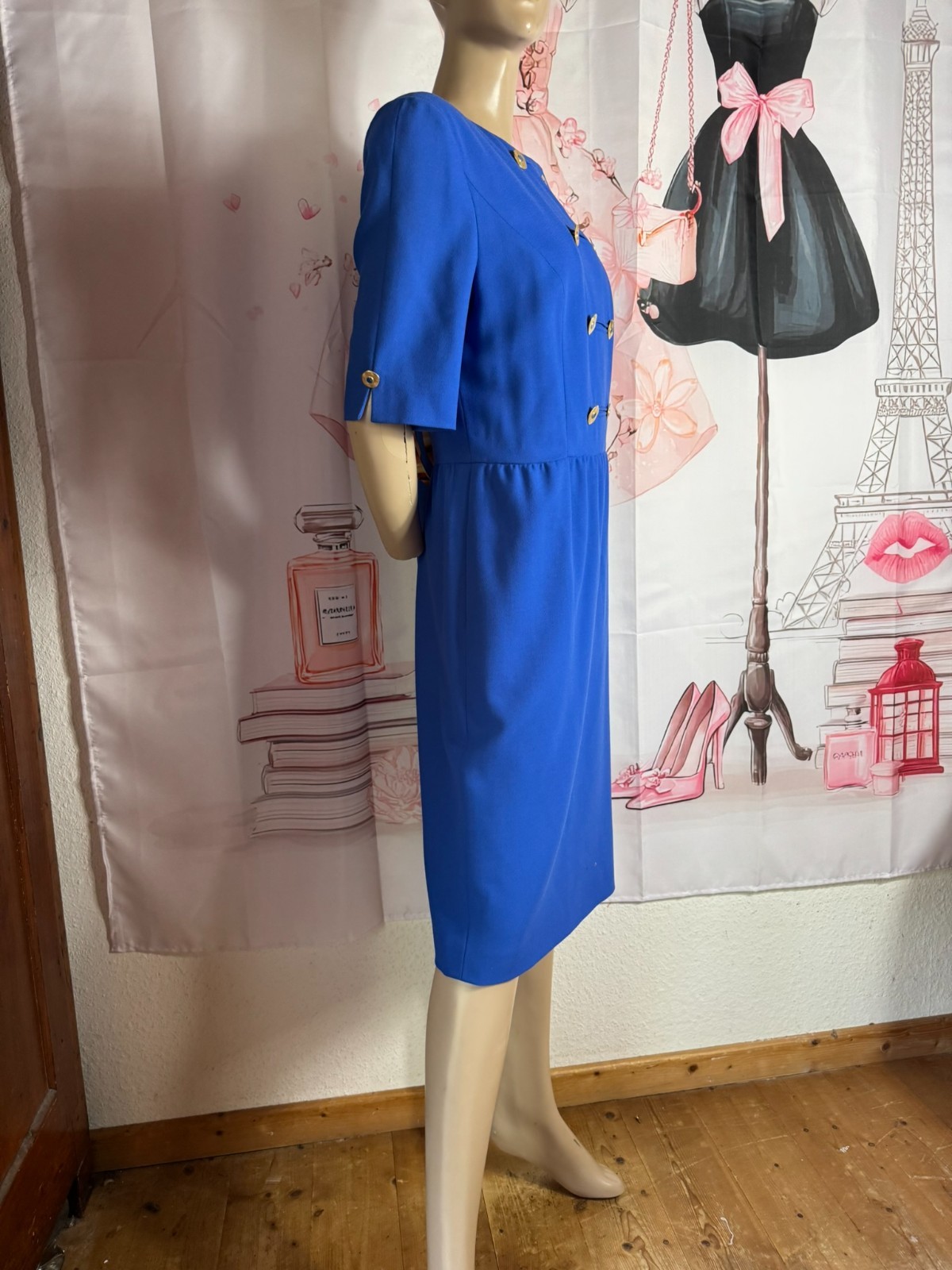 Vintage Dress Royal Blue Gold Buttons Navy Style 80s 90s Size 42 44