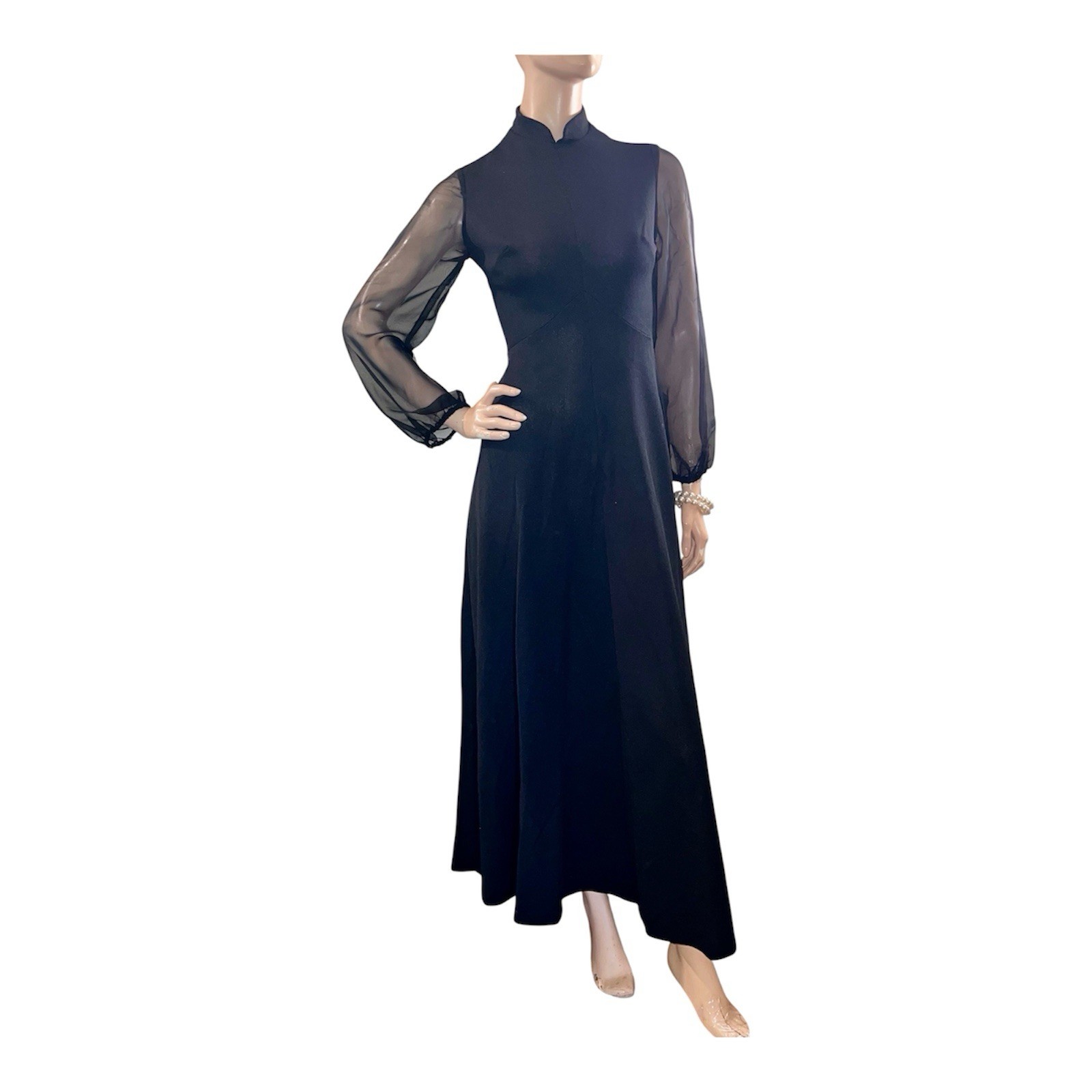 Vintage 1970 Cocktail Dress Black Party Sheer Sleeve Maxi Polyester Full Swipe S