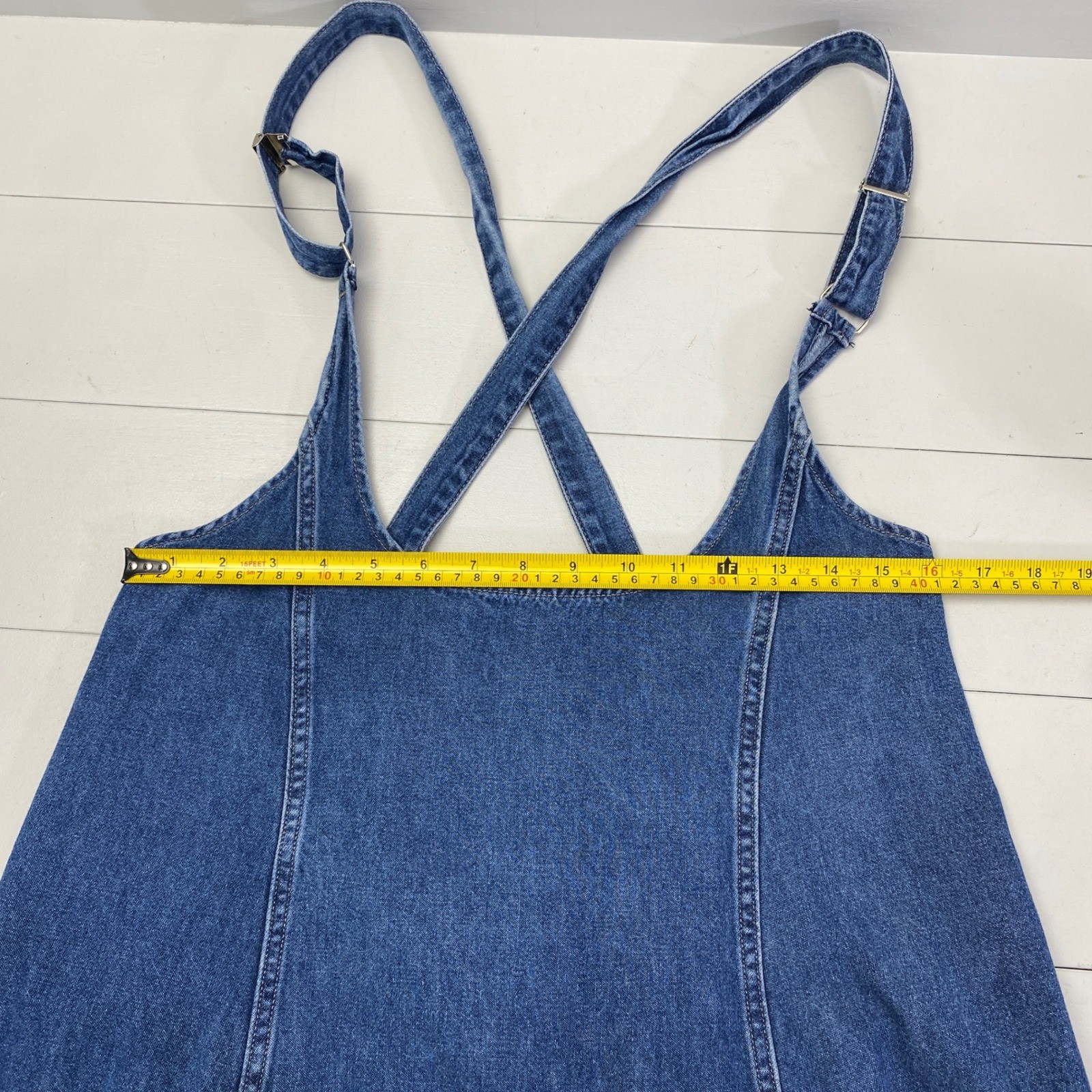 Forenza Denim Pinafore Suspender Skirt Dress Womens 14 Vtg 90s Overall Midi Bibs