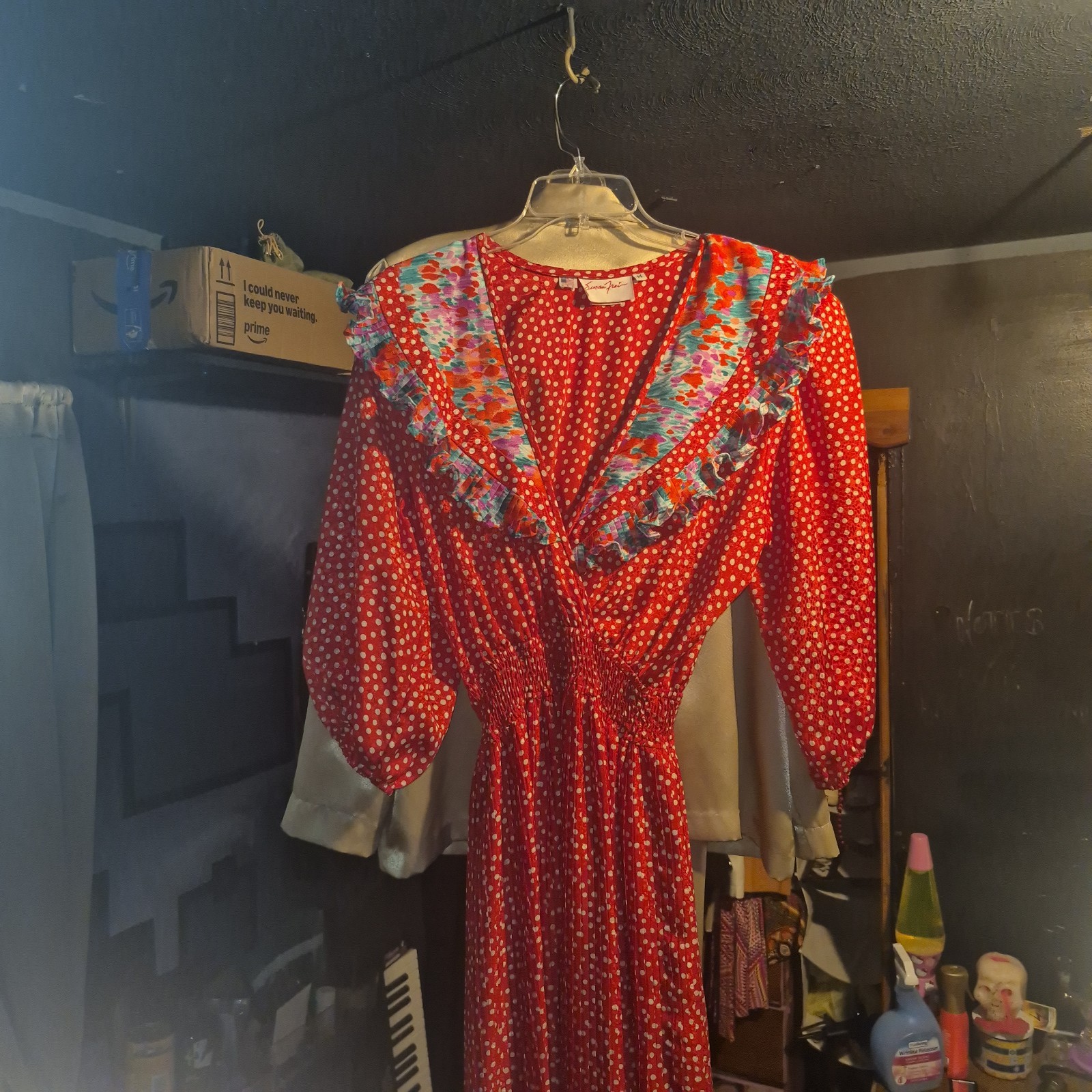 VTG 80s Susan Freis Red Polka Dot Maxi Dress Smocked Waist Puff Sleeve Medium M