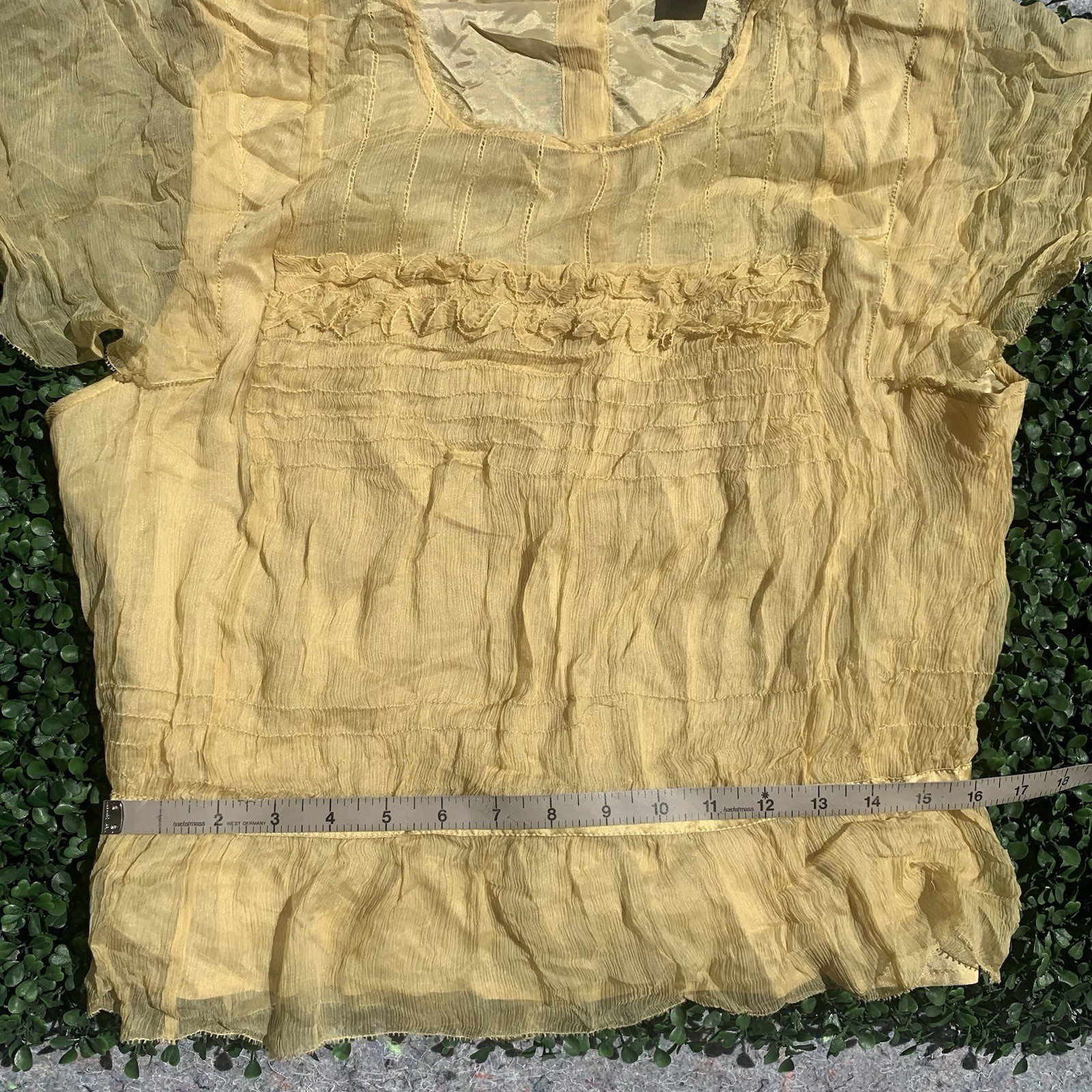 As Is vintage 90s Y2K designer yellow gold silk chiffon crop blouse top