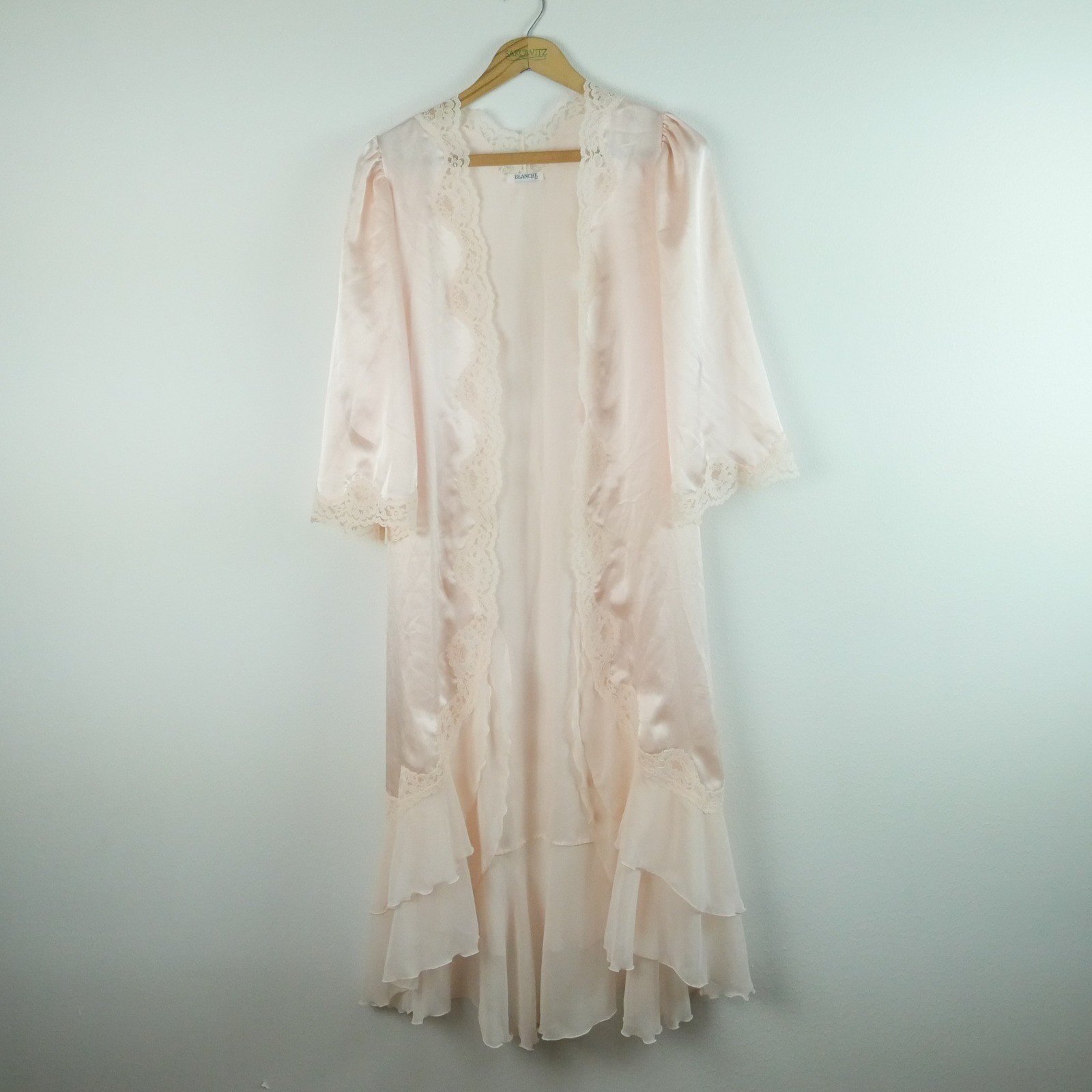 Vintage Blanche Pink Satin Nightgown Robe Set Peignoir Lace Sheer Ruffle P XS