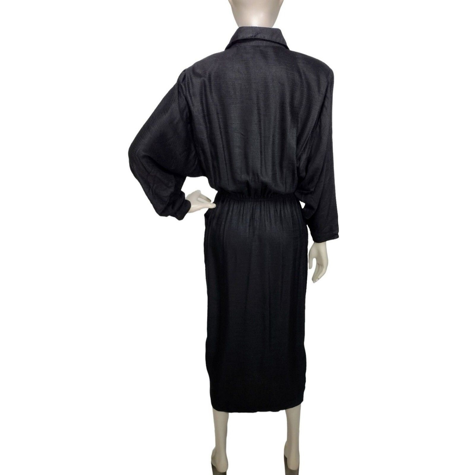 Vintage 80s Phoebe Black Textured Button-Down Batwing Sleeve Midi Wiggle Dress