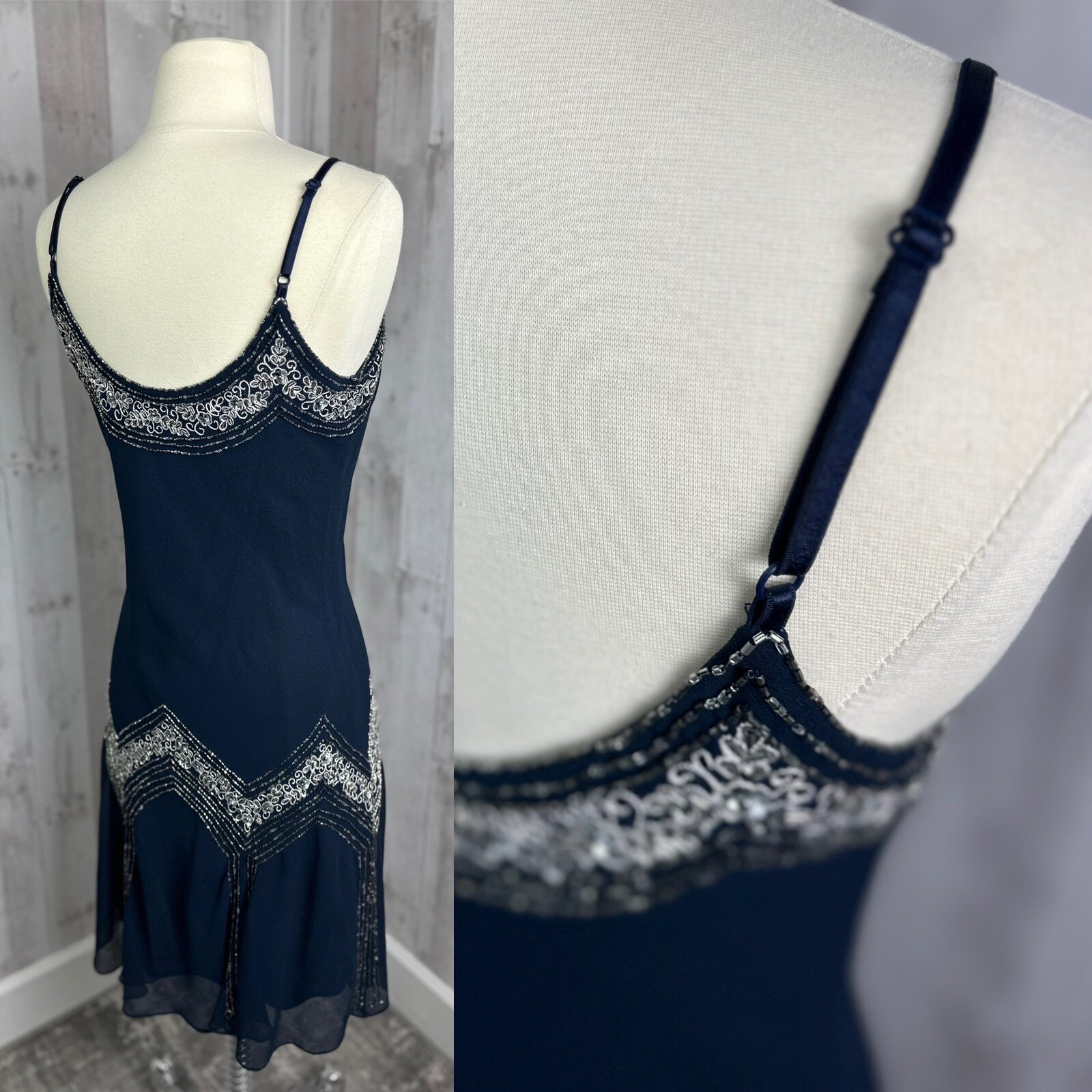 Vintage 90s J Kara Beaded Slip Dress Bias Cut Chiffon Overlay Flapper Dance Y2K