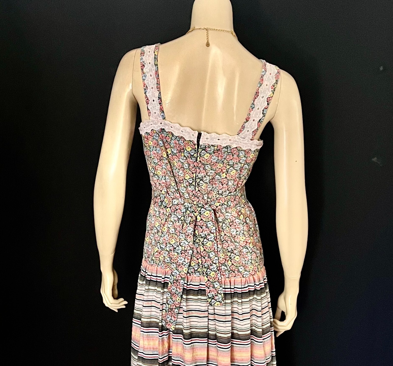 1970s Cottage Core Boho Tiered Maxi Dress, Mr. „B” of SF, California, Sm-Med.