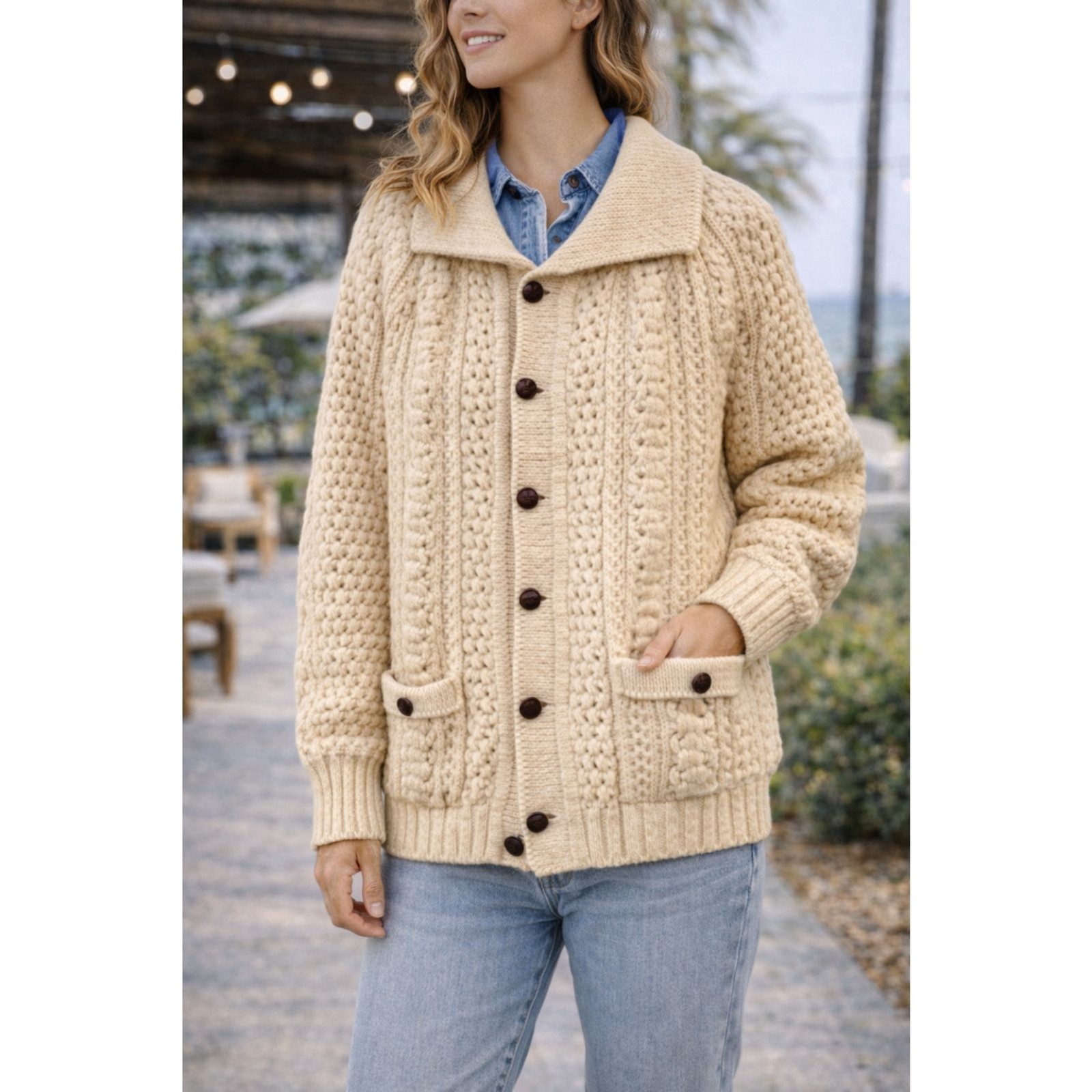Oona O’Neill Vintage Fisherman’s Cable Knit Sweater Cardigan New Wool Hand-Loom