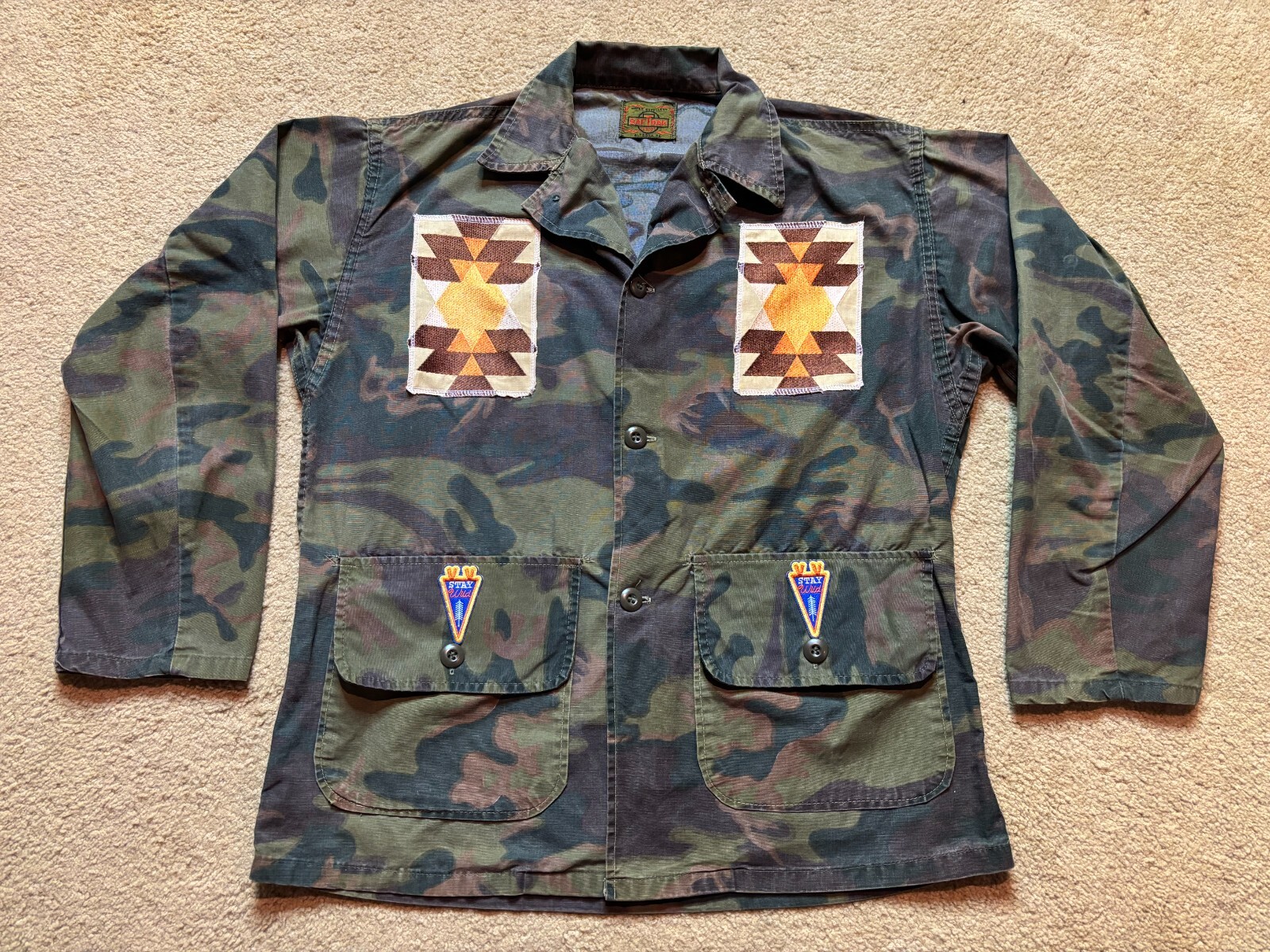 Craftcore Upcycle Salvage Vintage 70s Saf-T-Bak Camouflage Jacket Patches M/L