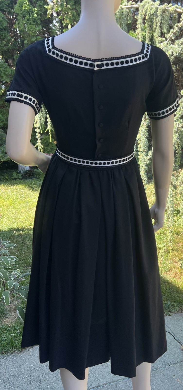 VINTAGE 1950’s BLACK WOOL DRESS W/ DOTTED RIBBON TRIM