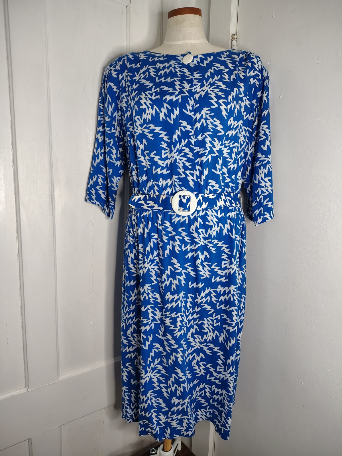 Vintage 1980s Zalerno Belted Blue White Zig Zag 3Q Sleeve T-Shirt Dress Womens L