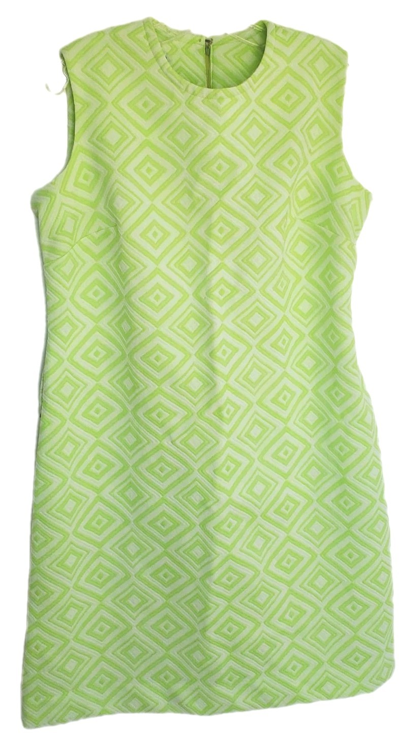 VTG 60s Lorac Original Mod Dress Lime Green White Geometric Shift Belted L/XL