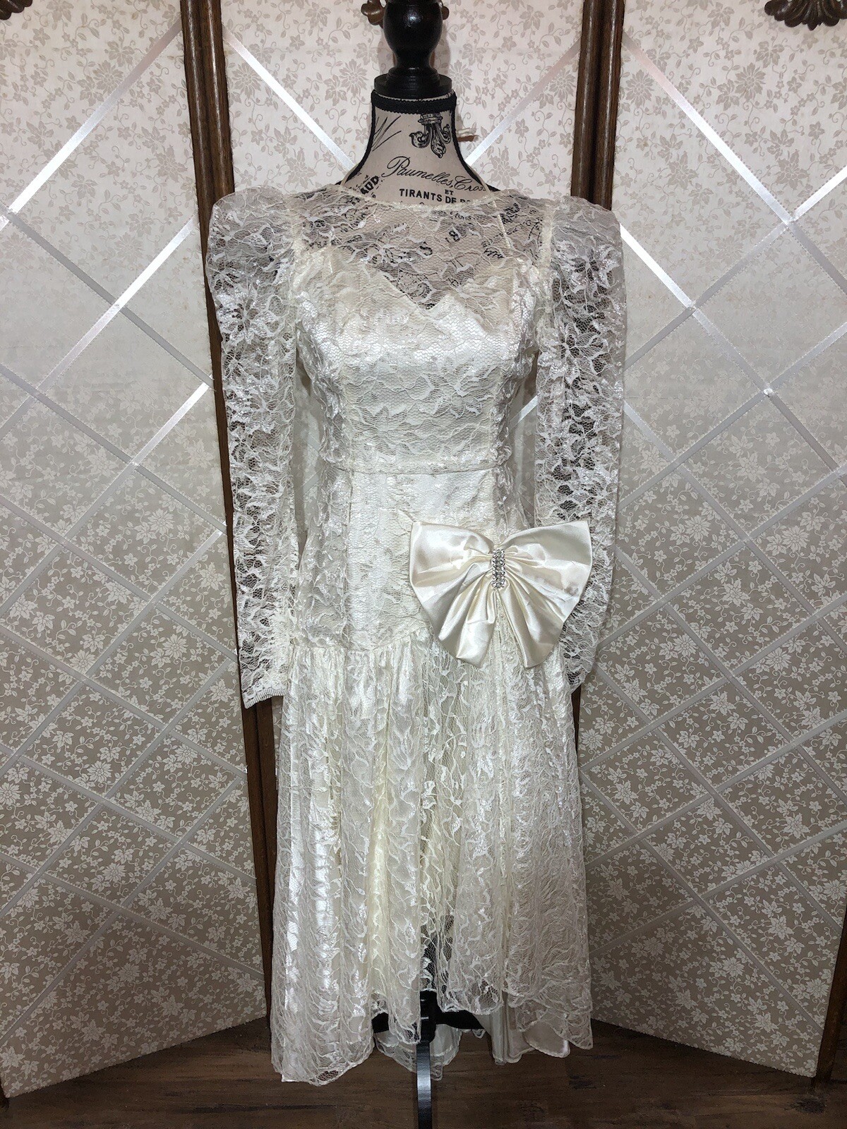 Vintage 80’s Lace Over Satin High Low Party Prom Dress Satin Bow Bling 5/6..XS