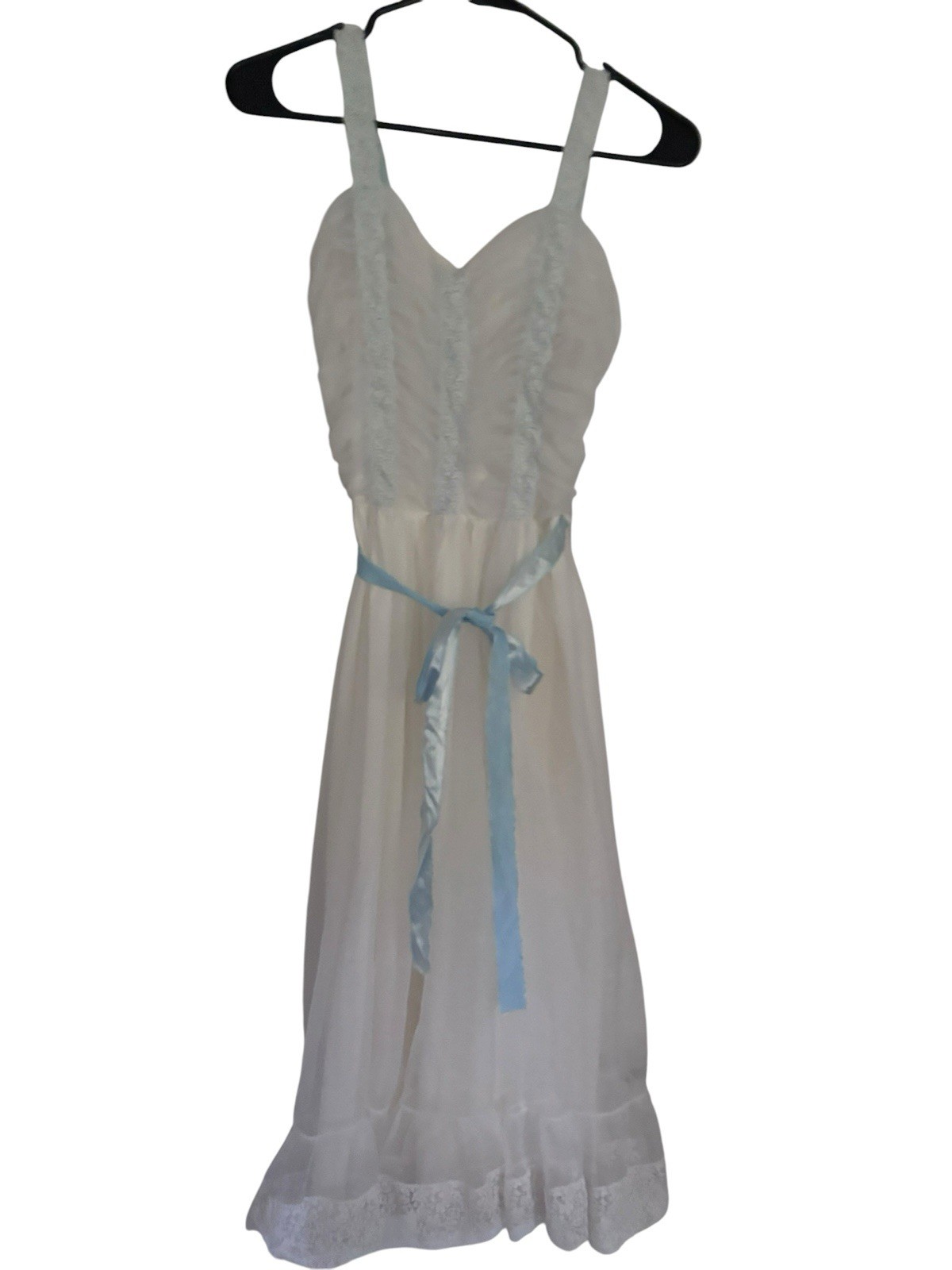 VTG Women Styled by Carillon Nylon Ivory White & Blue Chiffon Nightgown 32 Lace