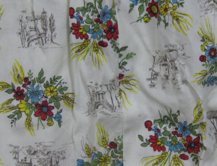 Vintage 50s Shirtwaist Day Dress (XS) Cotton Novelty Print Floral Landscape