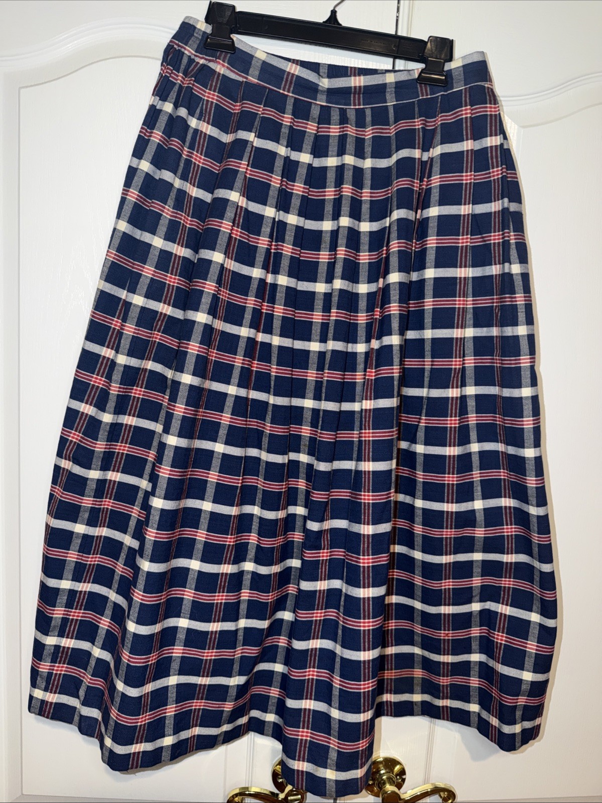 Vintage Women Plaid Skirt Sz 8 10 Red White Blue PleatsPockets Midi Prairie USA