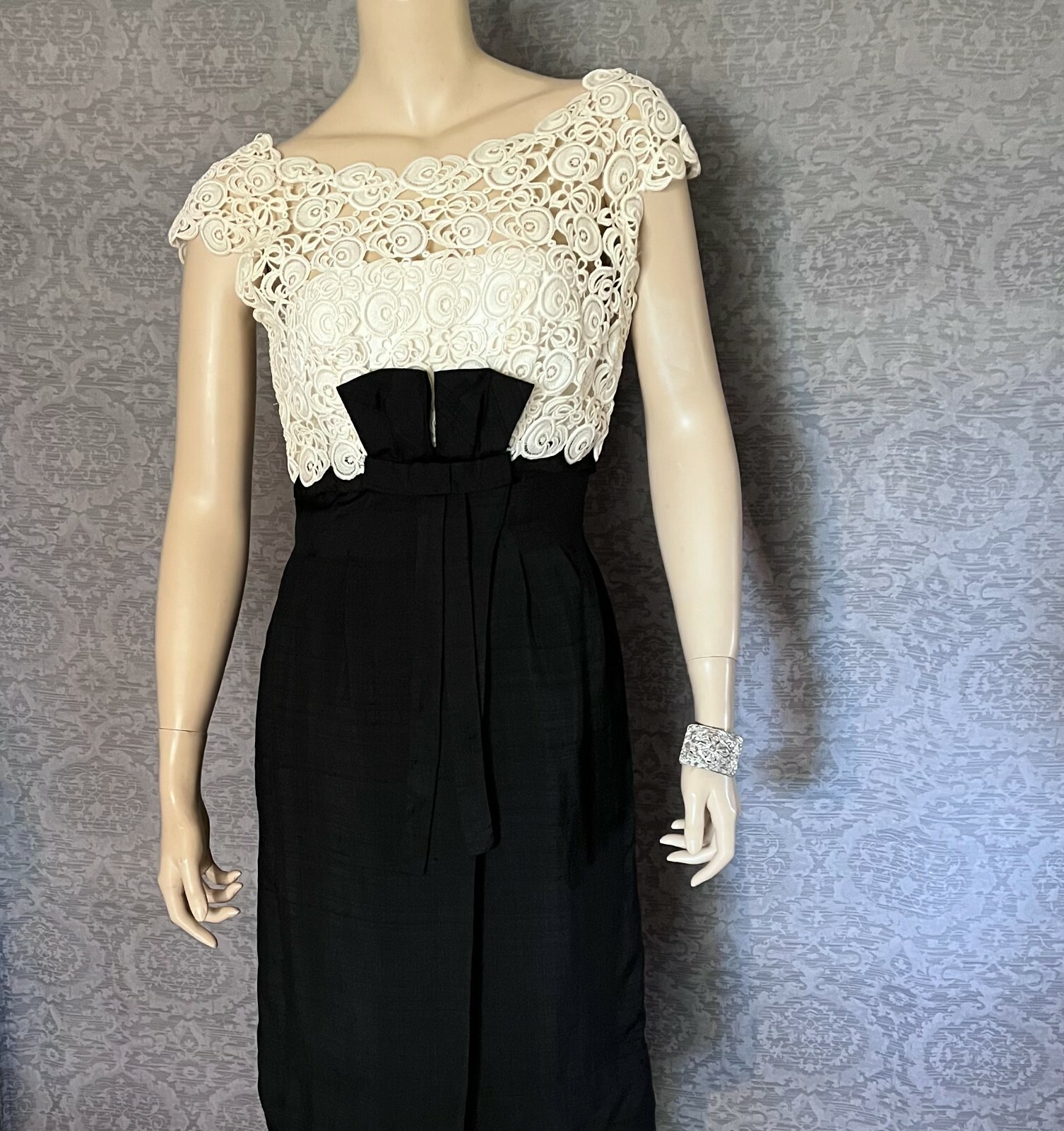 1950s Colin Originals Inky Black, Ivory Wiggle Dress, Lacy Bodice, Petite , VLV