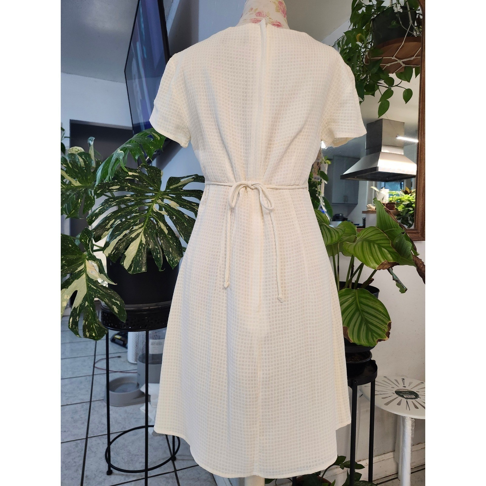 Vtg 90s Y2K A-List by Wrapper Dress Junior 9/10 Fits Small Cream Waffle Knit Mod