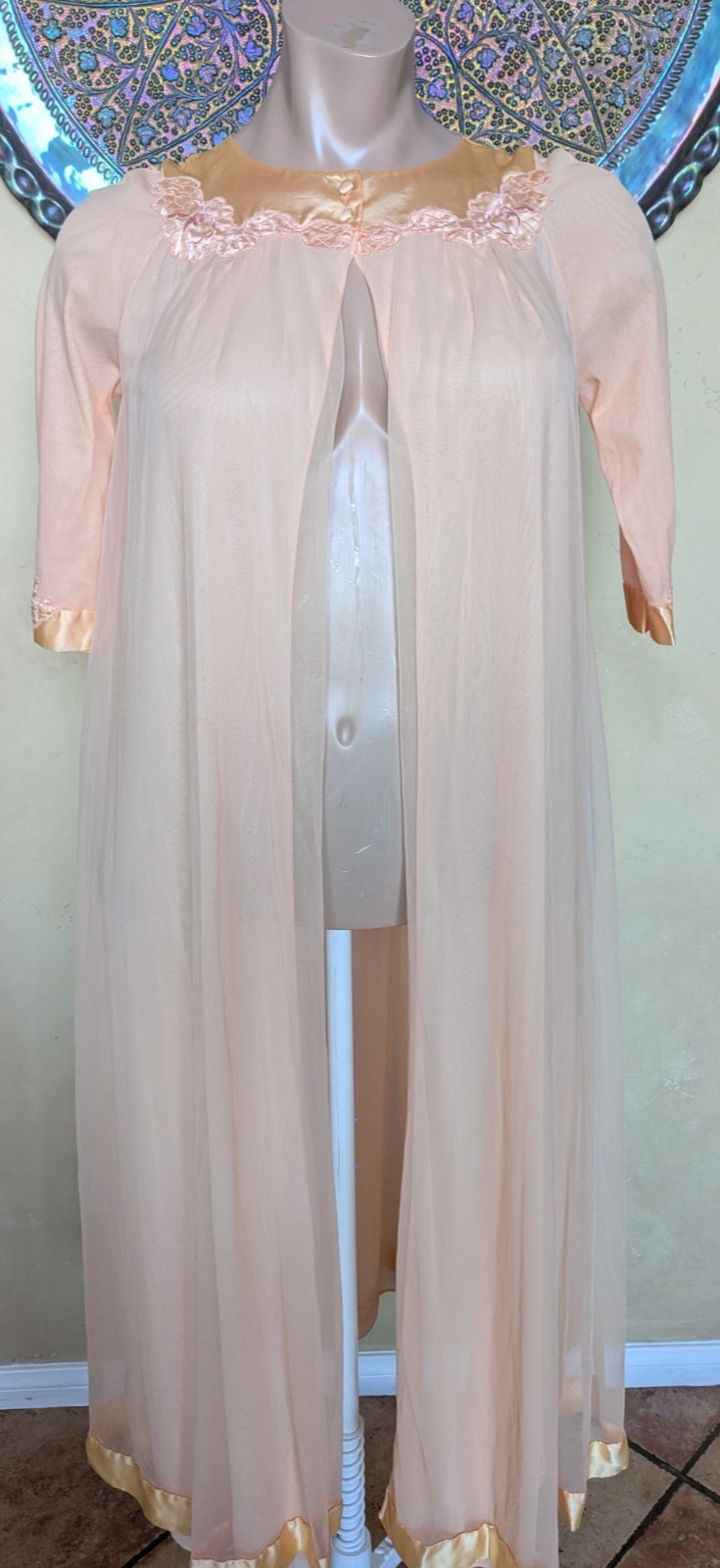 Vtg 1960s GOSSARD ARTEMIS Peach Nylon Chiffon Peignoir Long Nightgown Robe