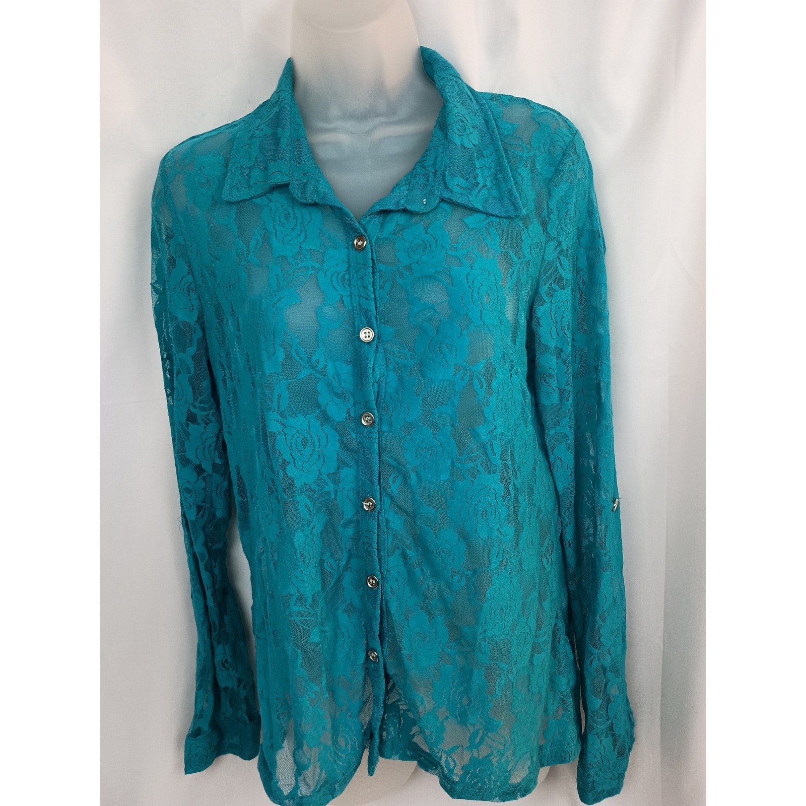 Wet seal vintage teal lace floral sheer button up whimsigoth romantic western XL