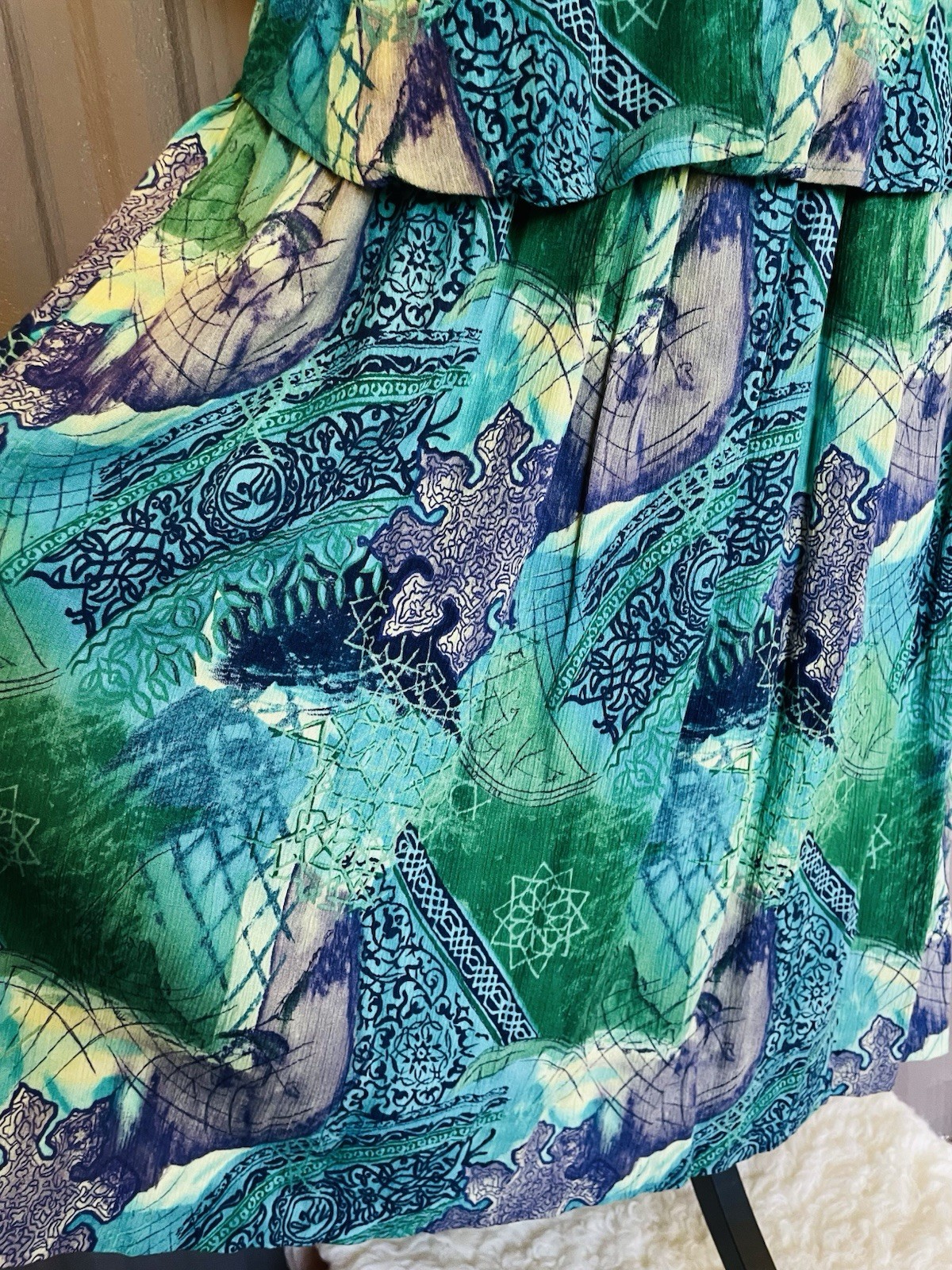 VTG 90’s Natalie 2 Piece Skirt Blouse Set Rayon Midi Mandalas Pleated Pockets L