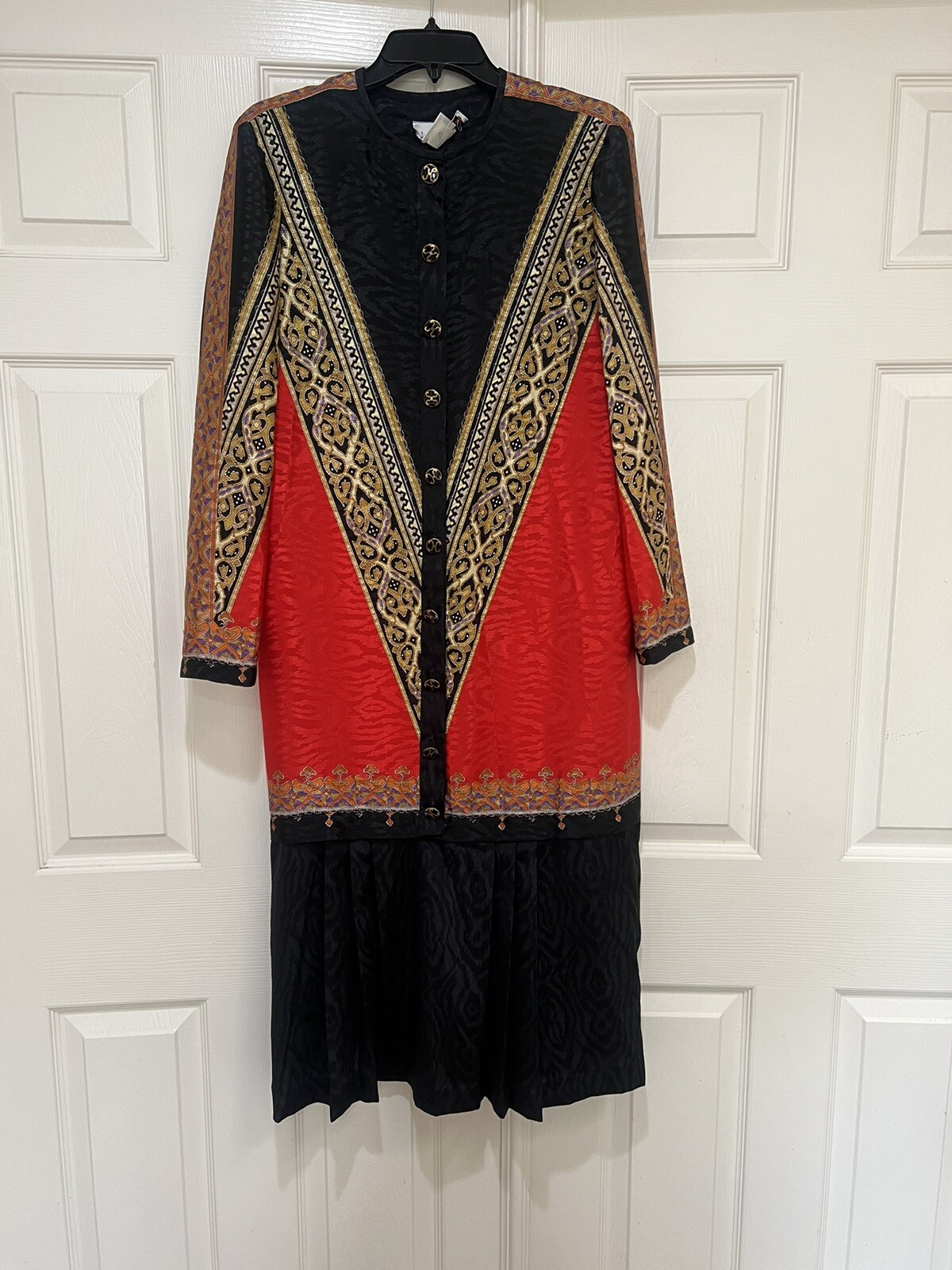 Vintage 80s Anthony Sicari Red Black Long Sleeves Scarf Dress 12 USA Made