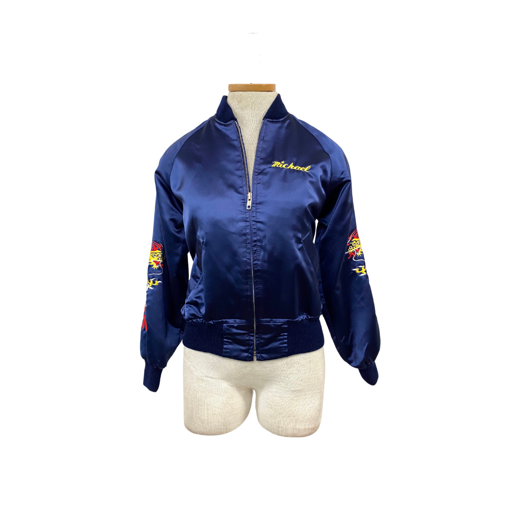 Vtg Vintage 1980s 80s Navy Dragon Embroidered Korean Souvenir Bomber Jacket