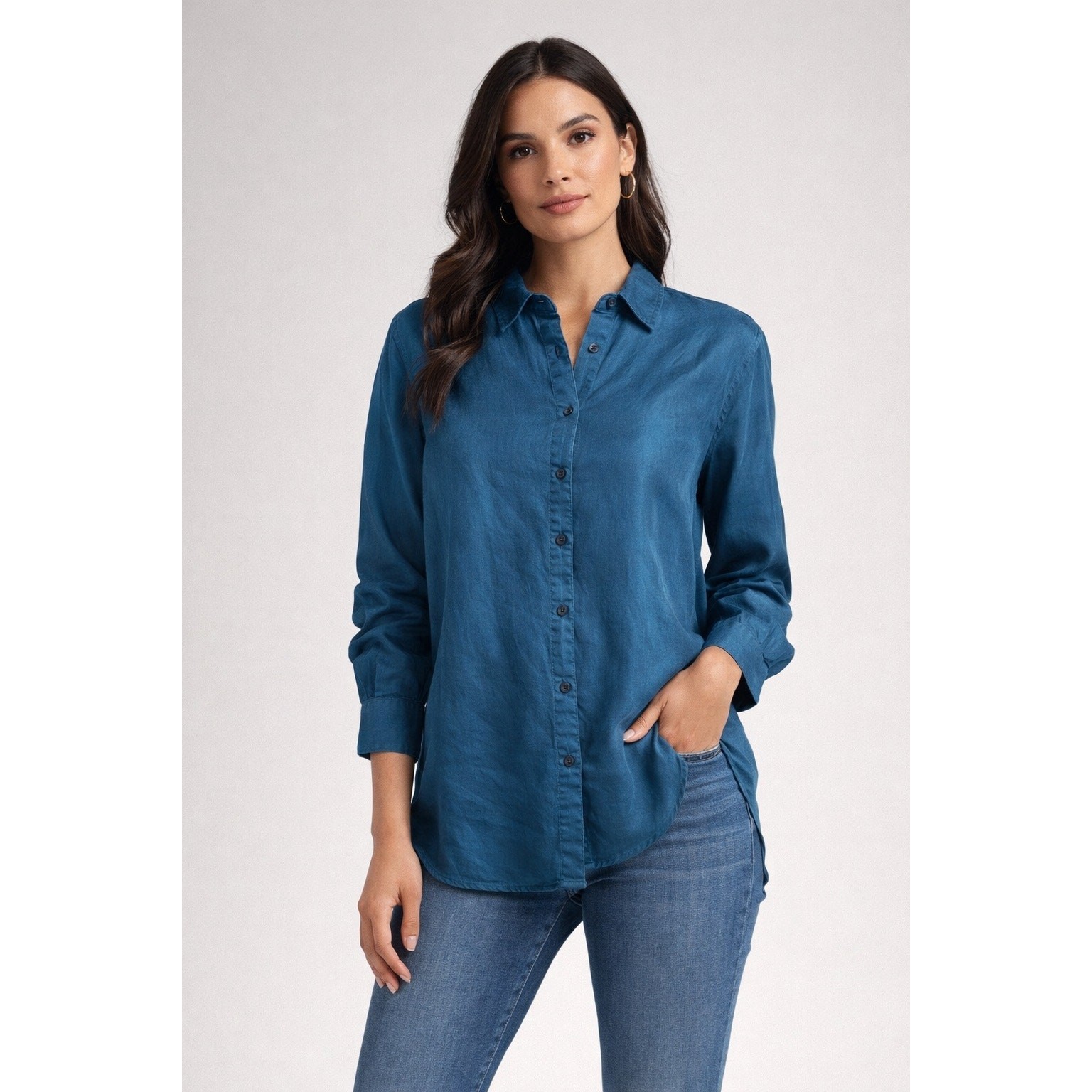 Chicos Vintage Silk Turquoise Blue Button Up Tunic Shirt Long Sleeve Sz 1 Large