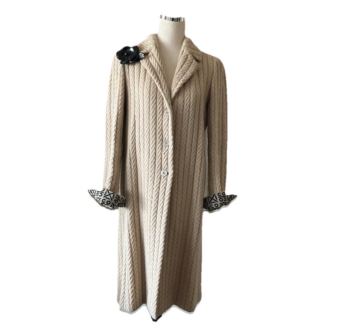 Vtg 2000 CHANEL Long Alpaca/Wool Knit Coat Beige+Taupe COCO Silk Lining Sz 38 (6