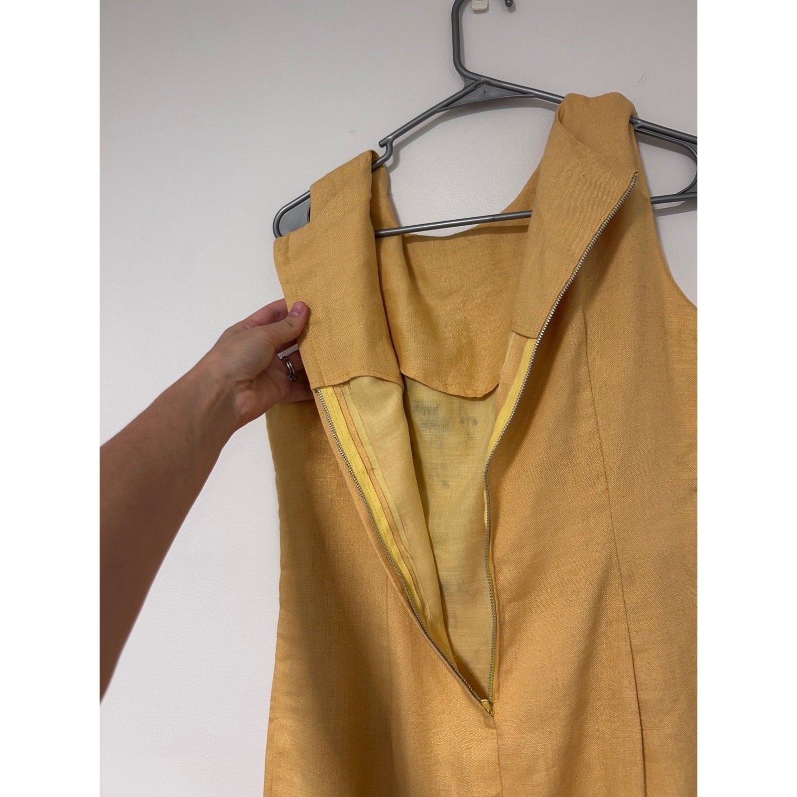 Vintage 60s Mustard Yellow Embroidered Linen Shift Dress Sleeveless Boho Mod S