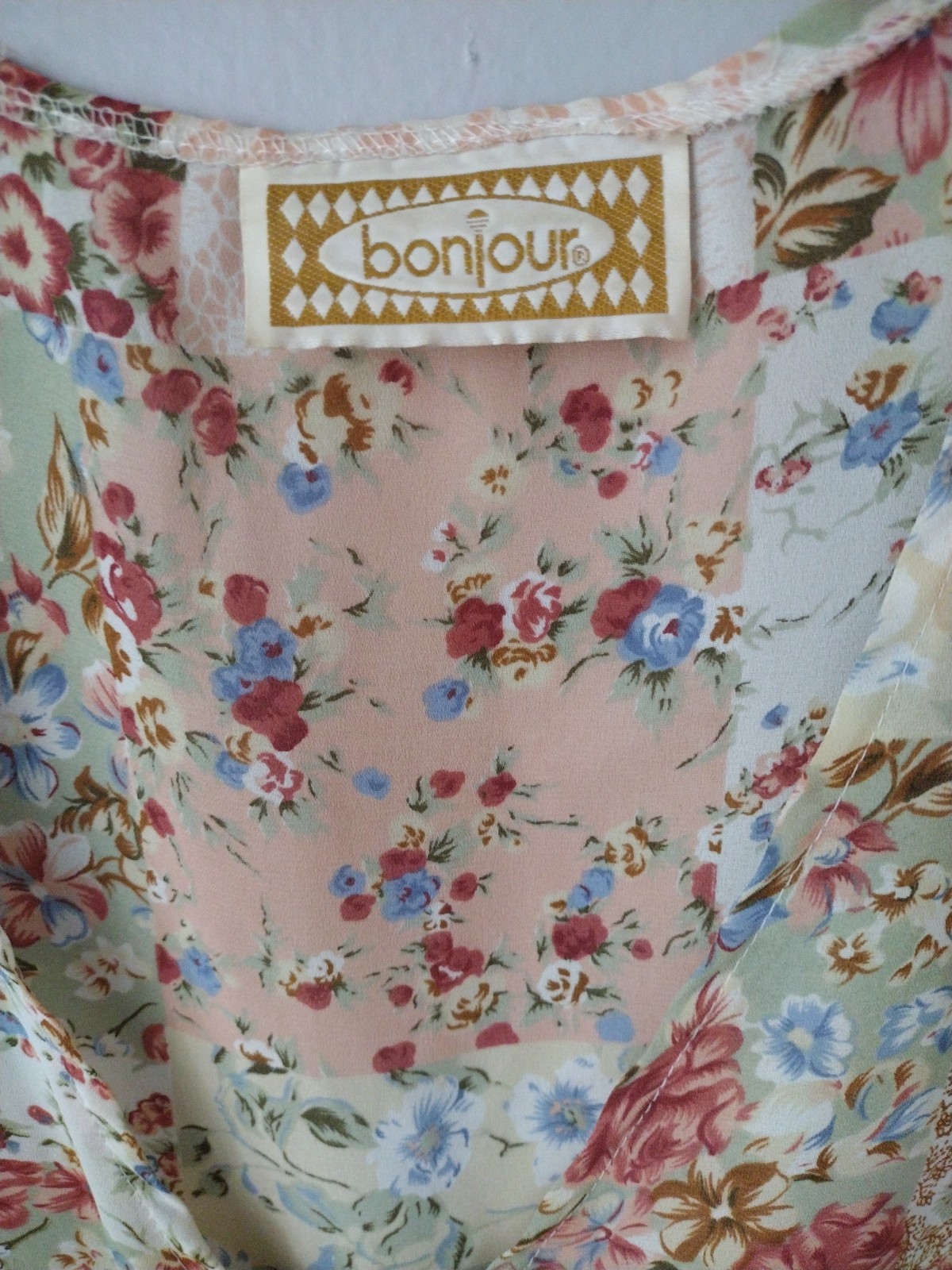 Vintage 90s Bonjour Sheer Patchwork Print Vest Blouse Side Slit Buttons See Meas