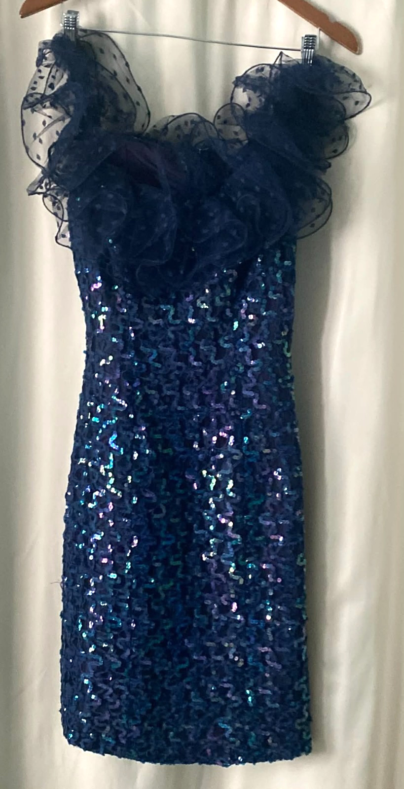 VTG 80s Blue Sequin Cocktail Dress Womens 6 Sheer Ruffle Tulle Neckline Prom USA