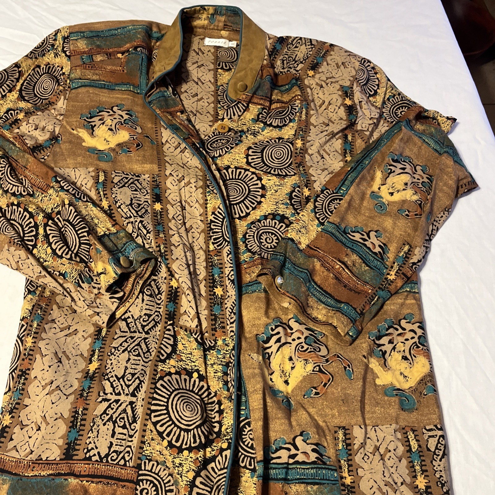 Vintage Tobria Abstract Print Rayon Button Up Blouse Shoulder Pads Size 8 USA