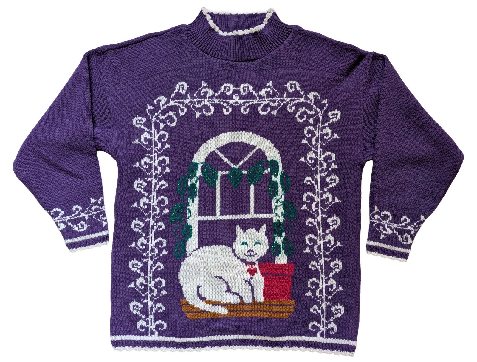Vintage 1990s Made USA Purple Cat Lady Sweater, Size L, 40 In, Excellent