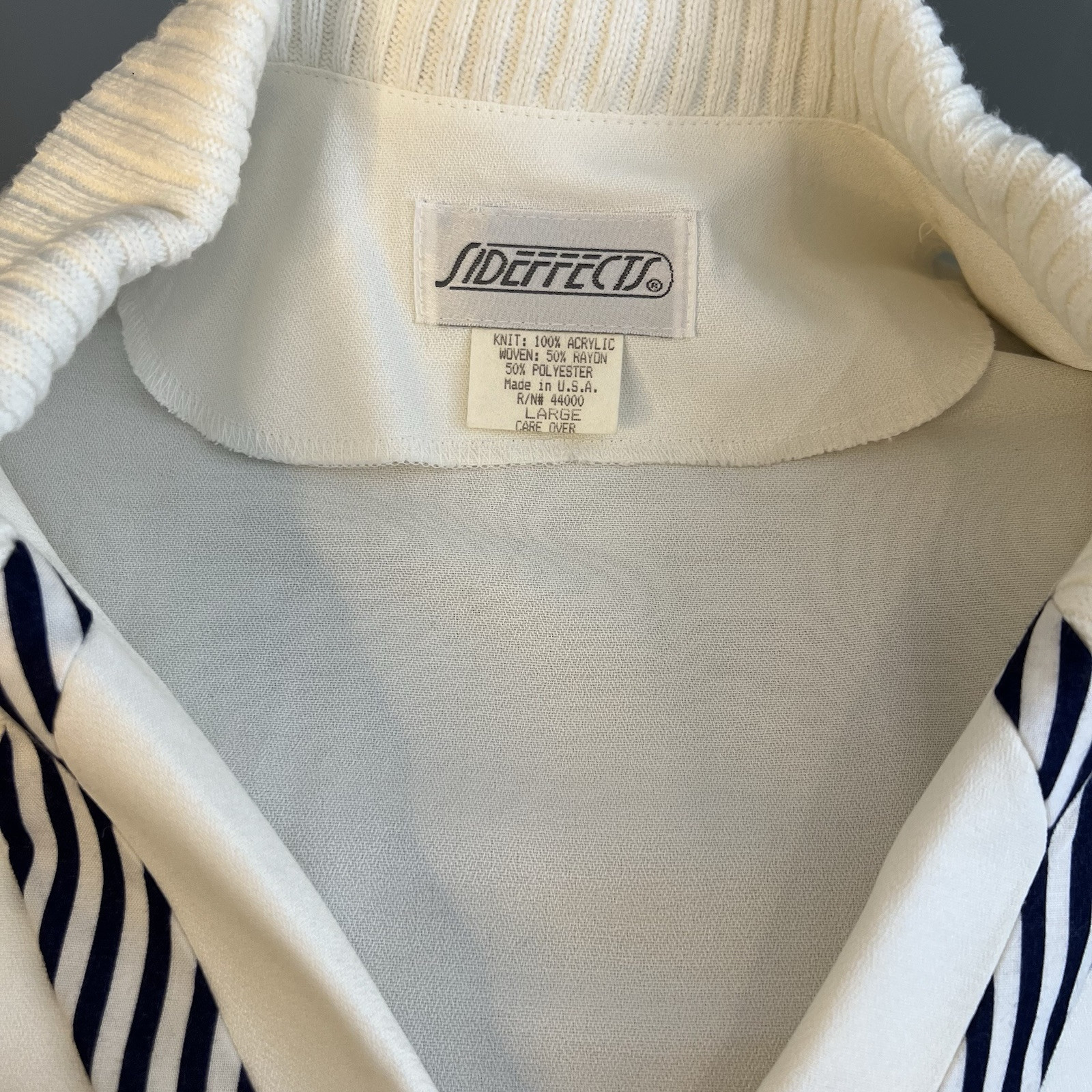 Vintage SideEffects White & Navy Cable Knit Sweater Embroidered Crest L Nautical