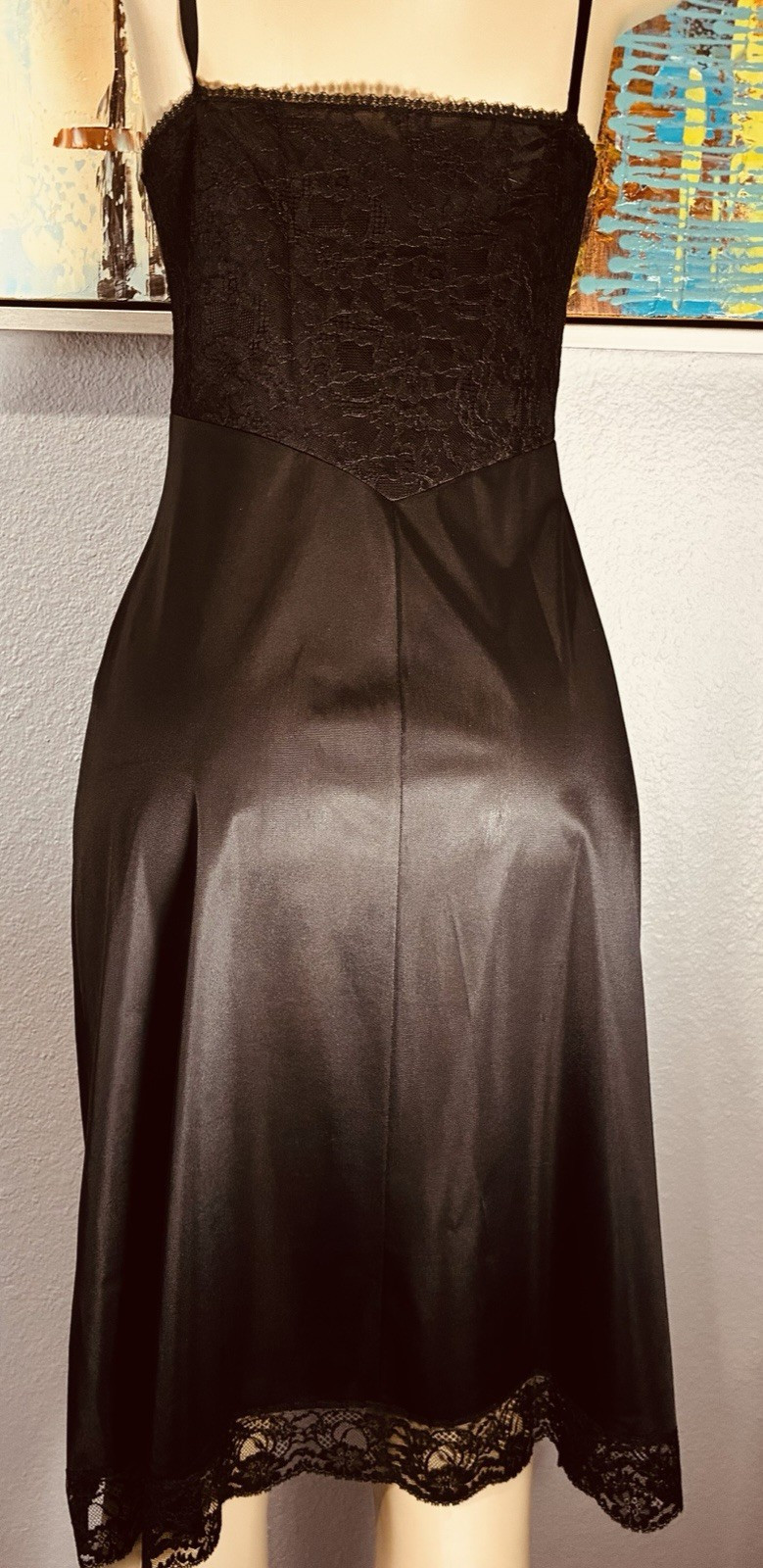 Vtg Vanity Fair Black Nylon Wide Bodice Lace Slip 38