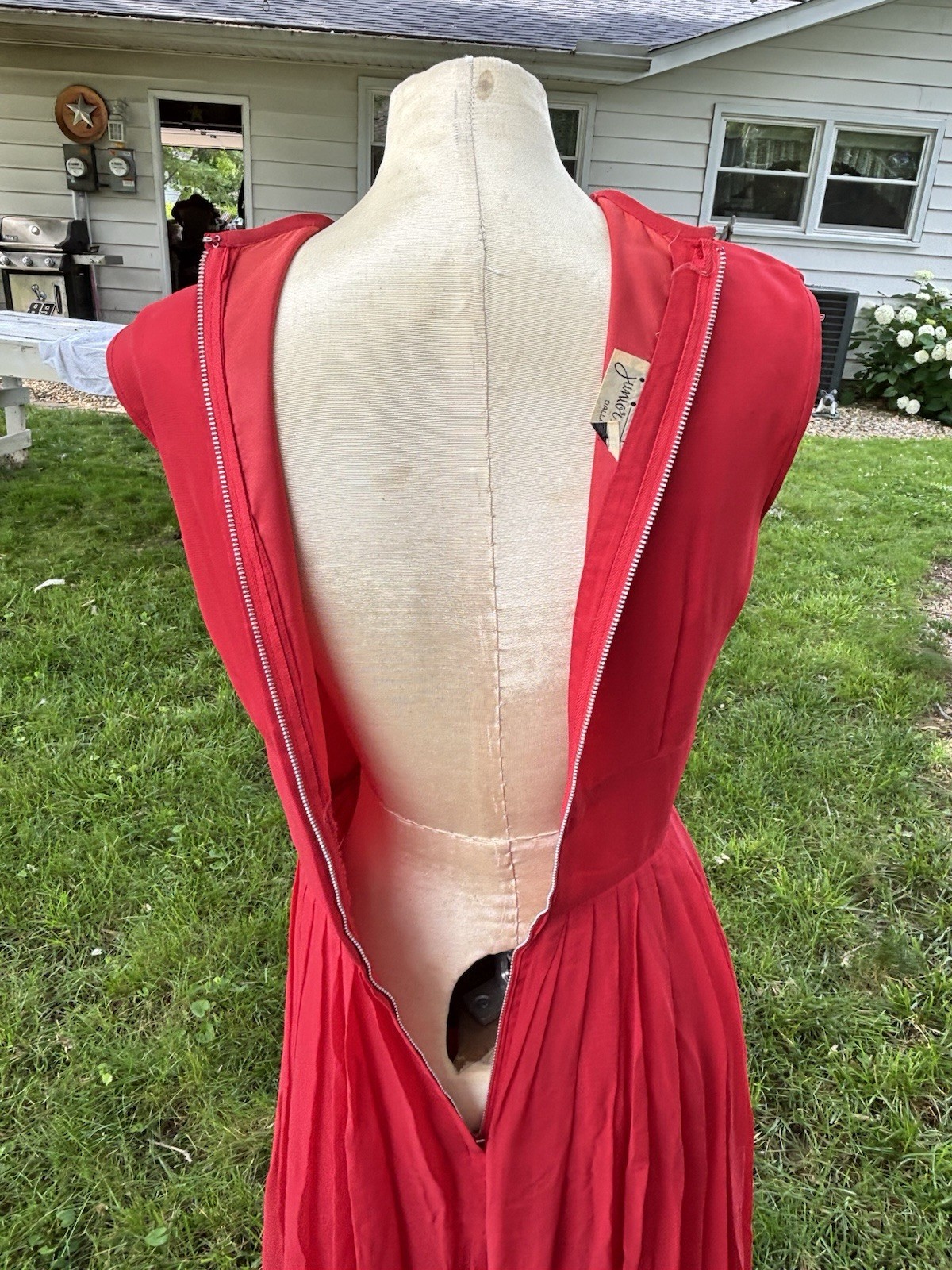 VTG 50s Dress Red Chiffon Pleated Retro Pinup Rockabilly Sz S 32x26x34″