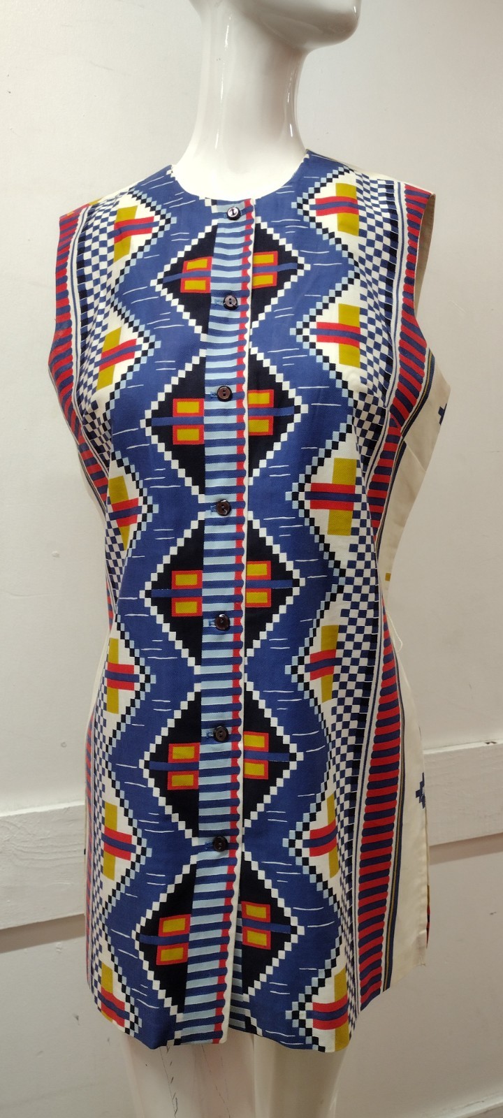 Alex Coleman Geometric Mini Dress Blue Tribal Sleeveless Top Cotton Belted M/L