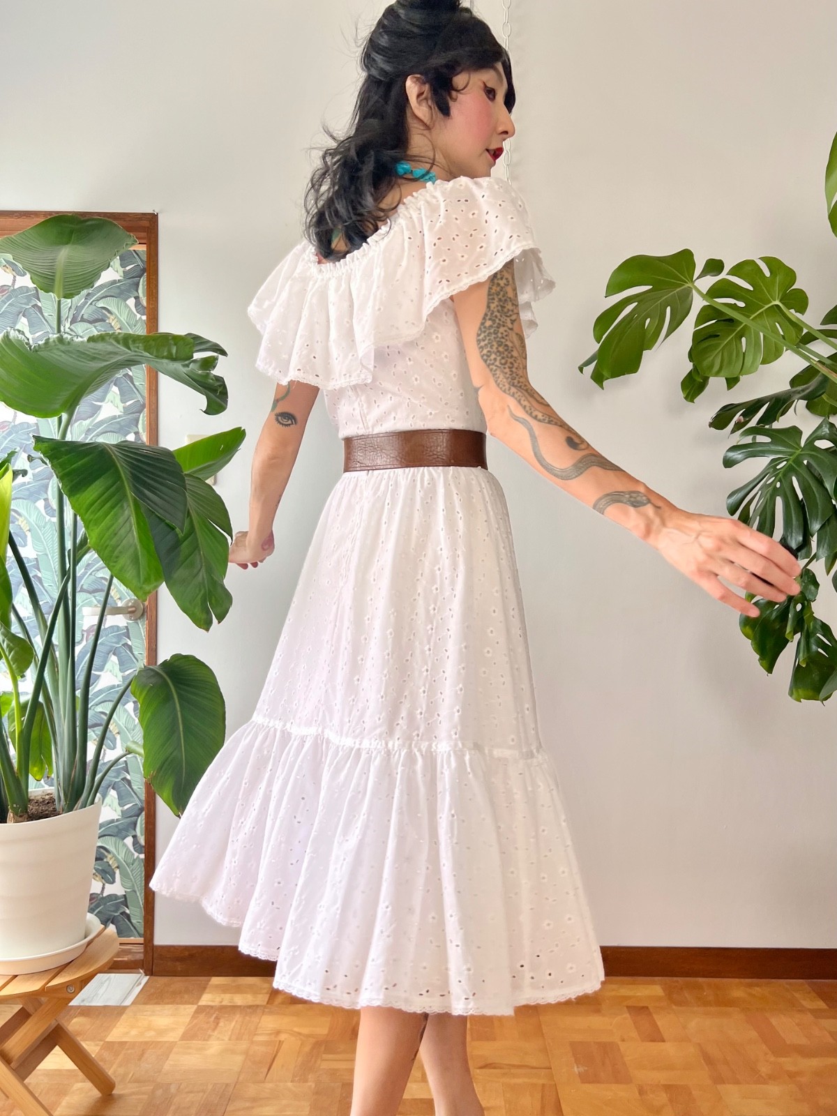 VTG 70s Lanz White Eyelet Lace Off Shoulder Ruffle Cotton Midi Prairie Dress S