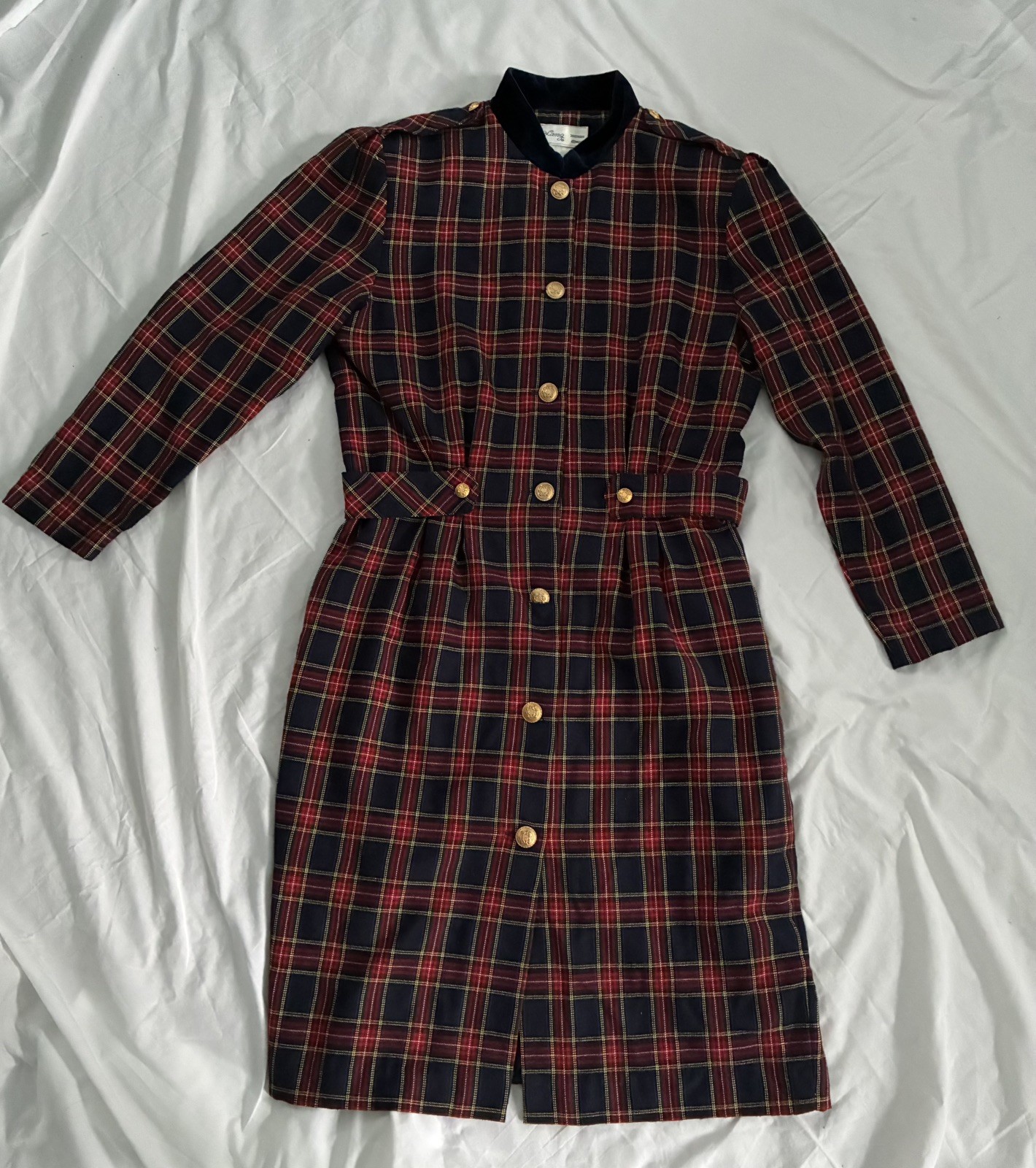 Vintage Laura Plaid 100% Cotton Dress Velvet Collar Gold Buttons USA 80s Sz 14