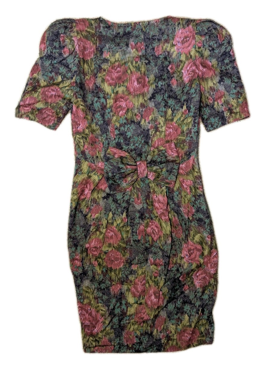 Vintage 80s Floral Button Down Dress W/ Puff Sleeves And Bow On Back Size 2