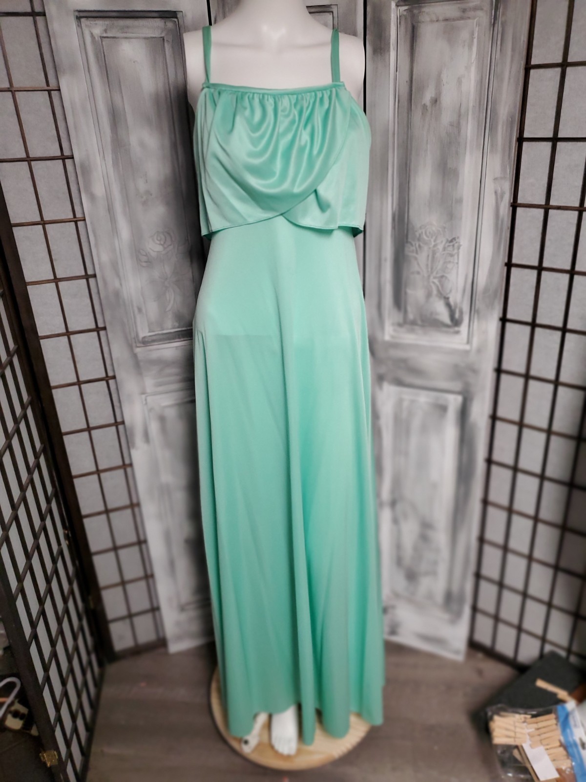 Vtg 70s Sleeveless Ruffle Layer Prom Dress M Maxi Long Bridesmaid Minty Green