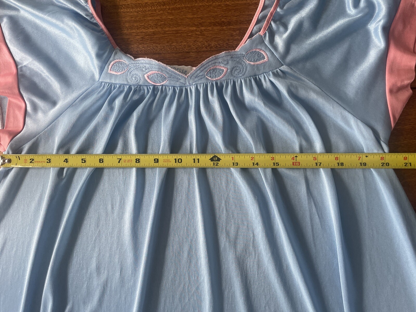 Finesse VTG Nightgown Nylon Embroidered Blue w/Pink Flowers S-L USA
