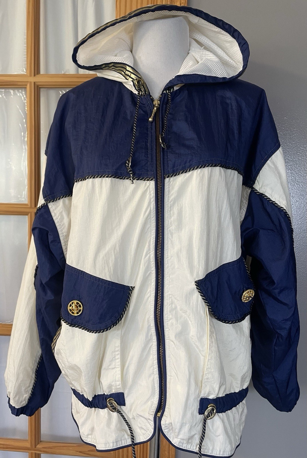 Vtg East West Windbreaker Hooded Jacket Womens M Full Zip Pockets Nautical