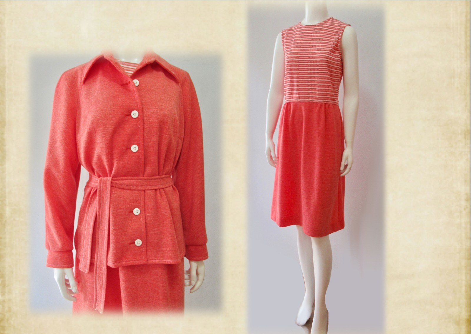 True Vtg 70s Mid Century Mod Knit Orange Day Walking Dress Jacket S M