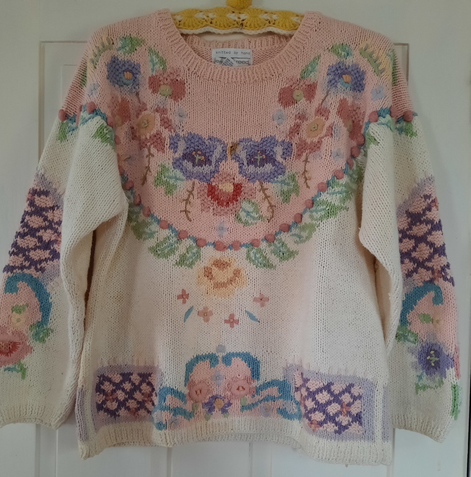 Jennifer Reed HAND KNIT 90’S Cream SWEATER W/ Flowers VINTAGE Cottagecore Size M
