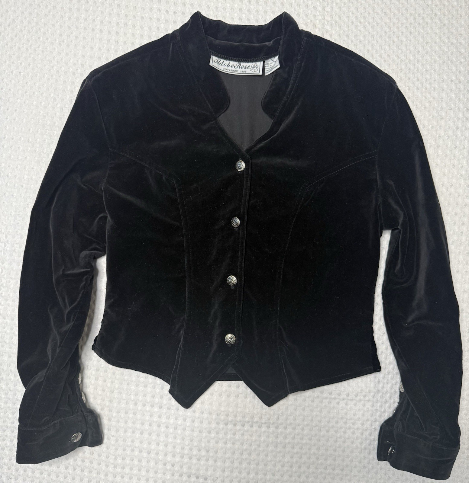 VTG Adobe Rose 1990’s Black Velvet Military Gothic Jacket Vamp M Cropped Fitted