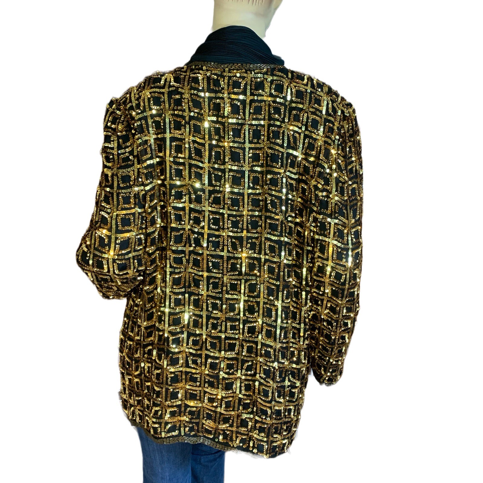 VINTAGE 1980’S CARINA BLACK & GOLD SEQUINS SILK JACKET SIZE XL