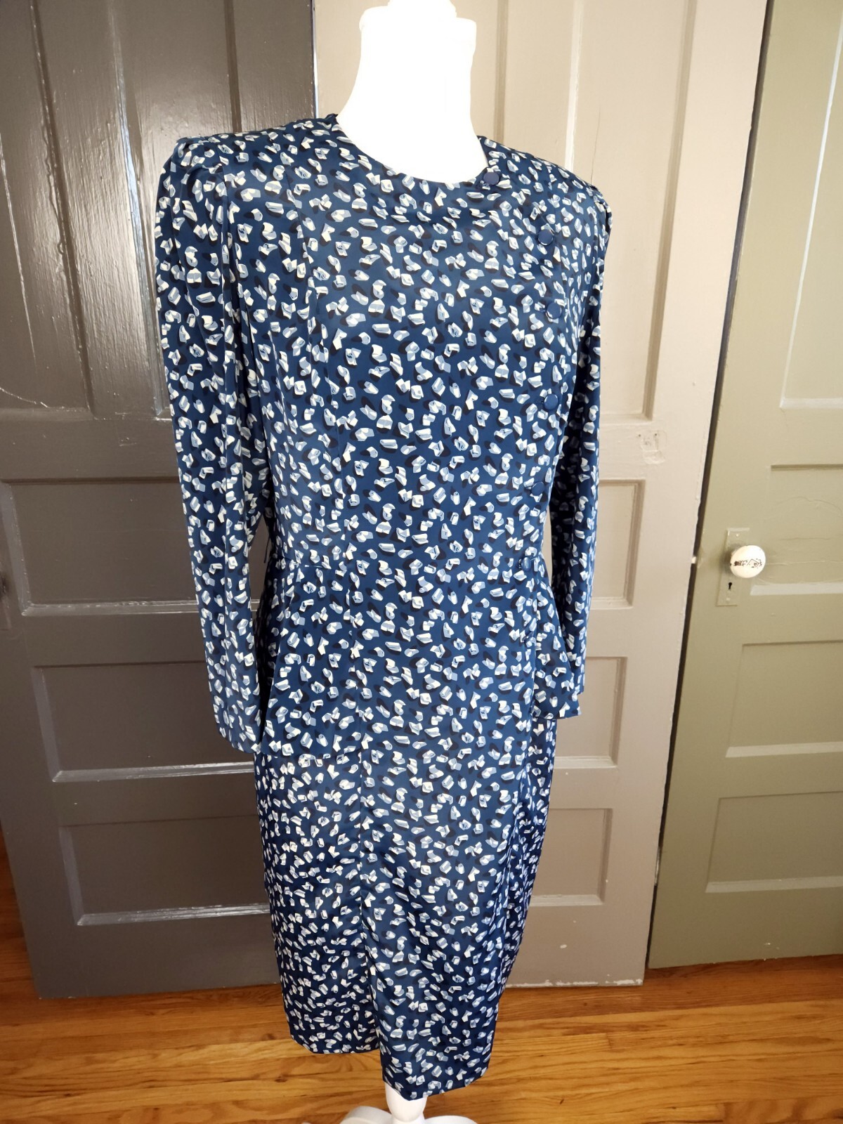 Liz Roberts Petites Vintage Marine Blue Abstract Peplum Dress 80s Women’s Medium