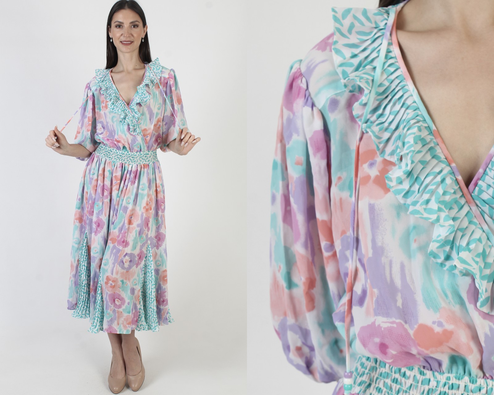 Vtg Assorti Susan Freis Dress Georgette Easter Pastel Floral Designer Sundress S